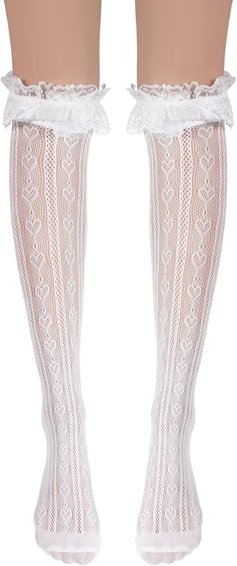 Tucnoeu Lace Knee High Socks, Thigh High Stocking with Lace Trim, White Laces Socks Women, Knit Knee Highs with Laces Ruffle