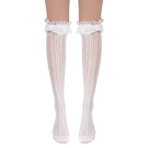 Tucnoeu Lace Knee High Socks, Thigh High Stocking with Lace Trim | Laces Socks Women, Sweetheart Knit Knee Highs With Laces Ruffle Cuff, Mesh Sexy Thigh Highs Sock - White