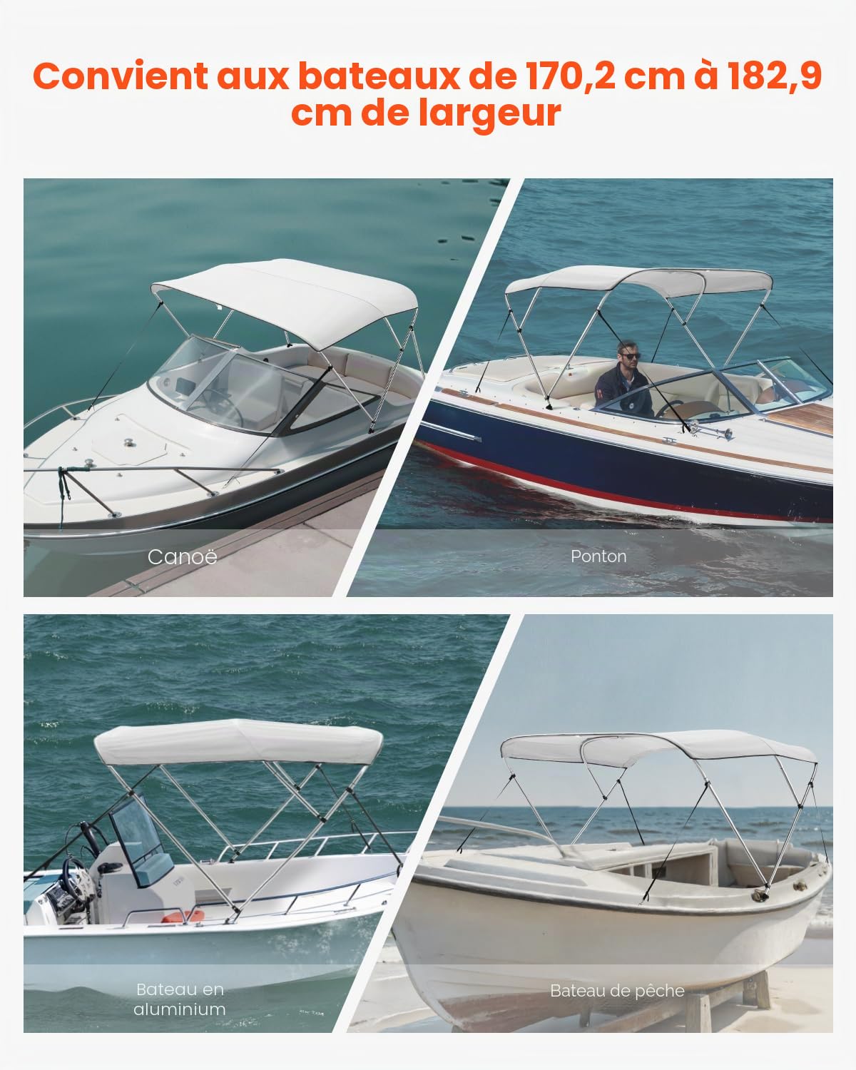 VEVOR Bimini pour Bateau à 3 arceaux, 182 x 117 x 170-182 cm, taud de Soleil avec Cadre en Alliage d'aluminium, Toile en Polyester 600D, Sac de Rangement, 2 poteaux de Support, 4 Sangles, Gris Clair