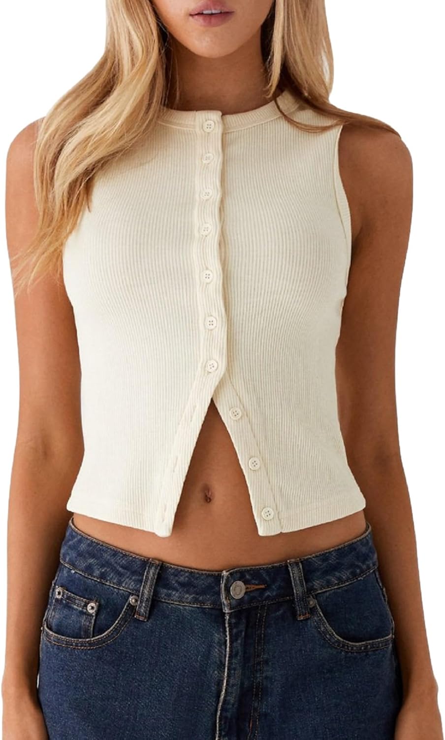 Faretumiya Women Button Down Tank Top Ribbed Summer Vest Tops Slim Fit Open Front Sleeveless Crop Shirt