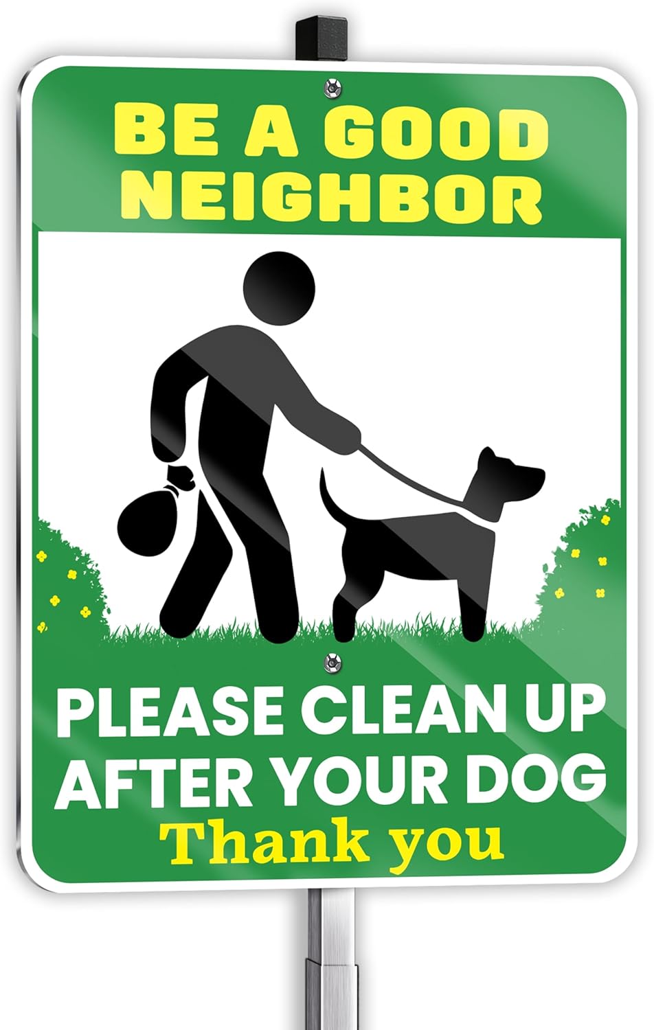 Be a Good Neighbor Clean Up After Your Dog Signs, 10 x 13 Inch Reflective Aluminum Outdoor Yard Signs with 28 Inch Metal Stake, 3 Pack