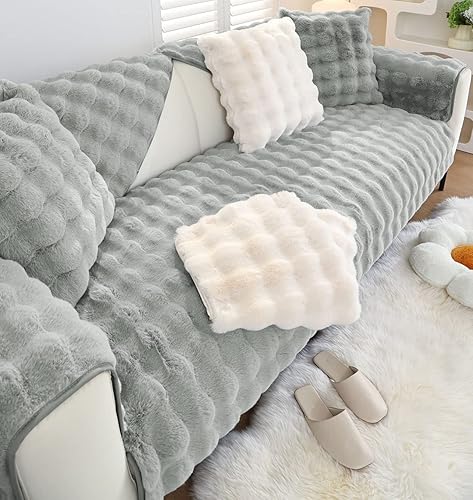Miniatura 5 de Funda de Sofá de Piel Sintética Suave y Cálida Gruesa Peluda Difusa Funda de Sofá Seccional Antideslizante de Color Sólido Felpuda Funda Protectora