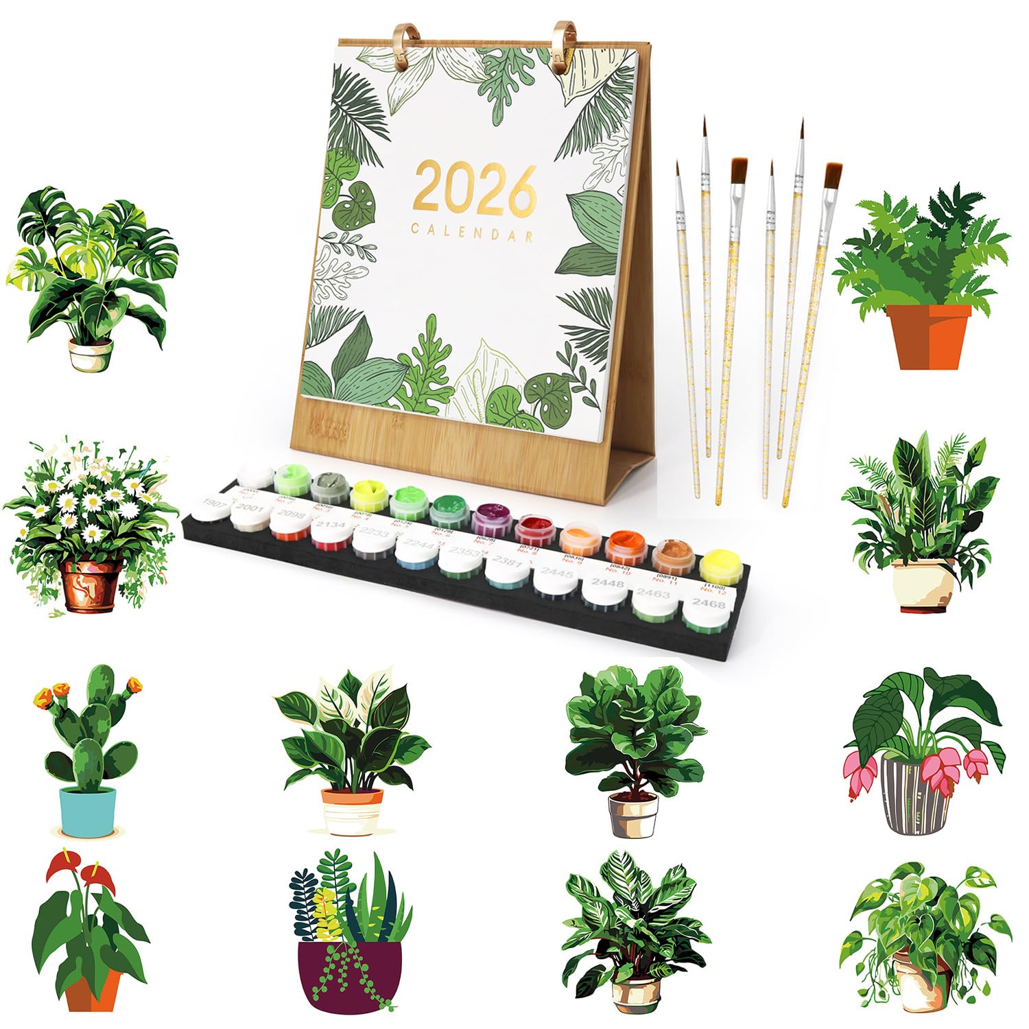 Paint by Numbers Calendar 2026, Painting by Numbers Flower Calendar Table Calendar, 12 Different Green Plants Potted Flowers Hand Painted Oil Painting Table Calendar Gifts (Plant Collection)