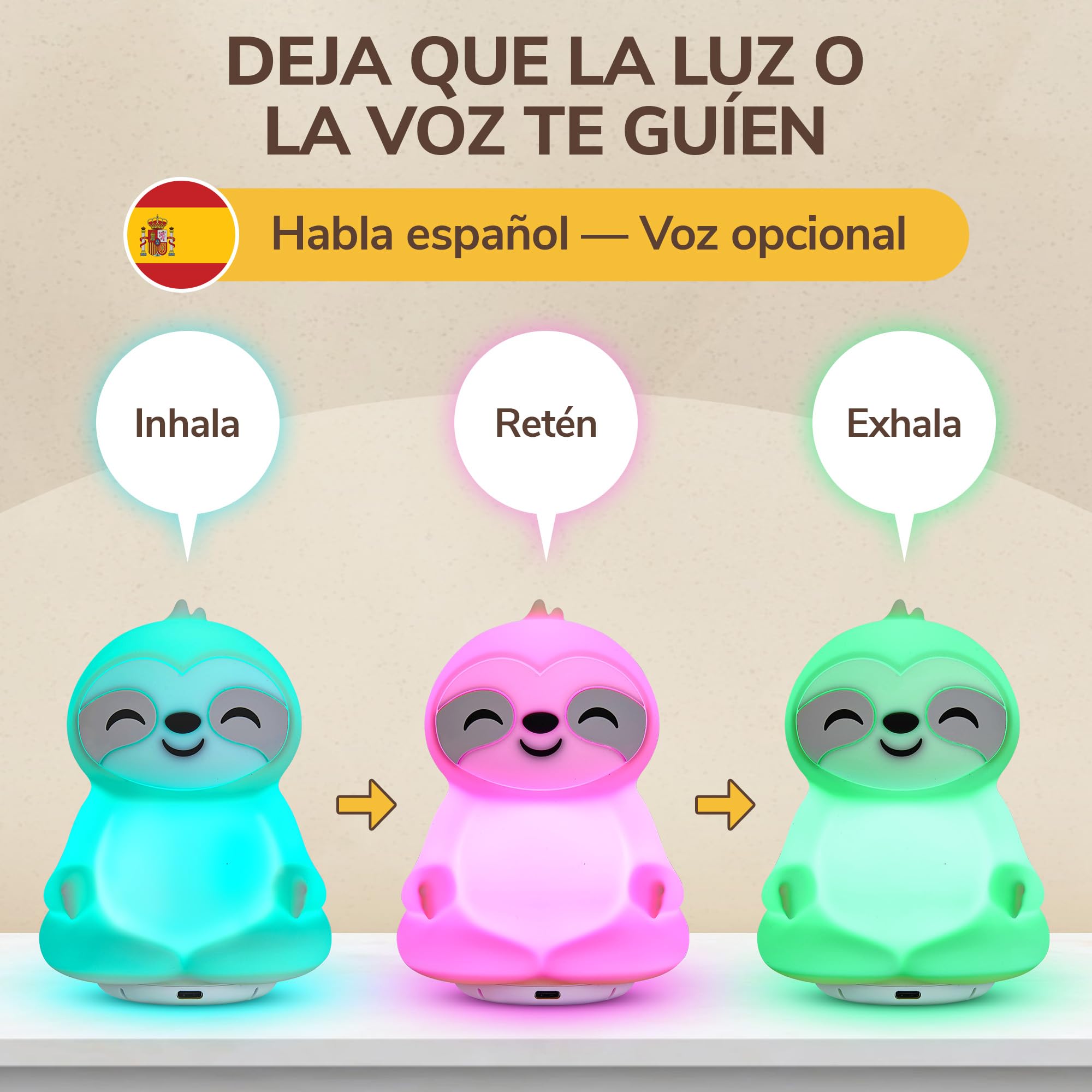 Entrenador de Respiración con Guía de Luz y Voz – Favorece Sueño, Relajación, Concentración y Bienestar – Respiración Consciente, Mindfulness – Instrucciones de Audio en Español – Recargable
