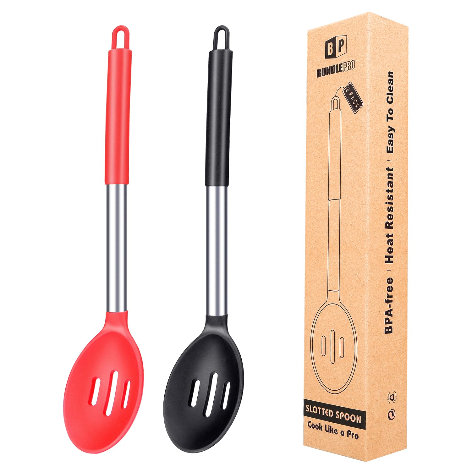 Pack of 2 Large Silicone Slotted Spoon Kitchen Skimmer with High Heat Resistant BPA Free Non Stick Cooking Ladle Strainers For Draining and Frying (