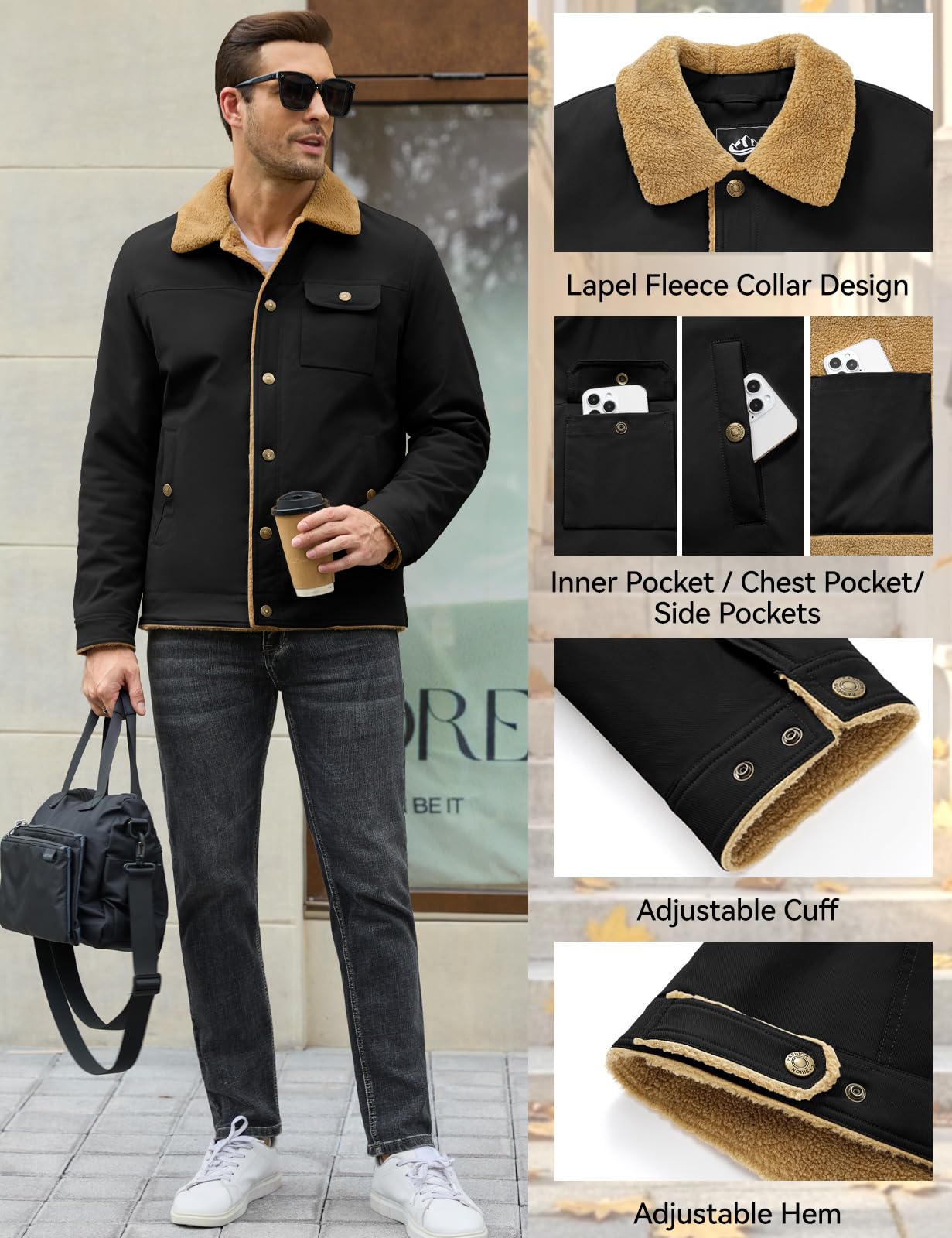 heekpek Blouson Homme Hiver, Veste Chaude Déperlante Doublée en Sherpa