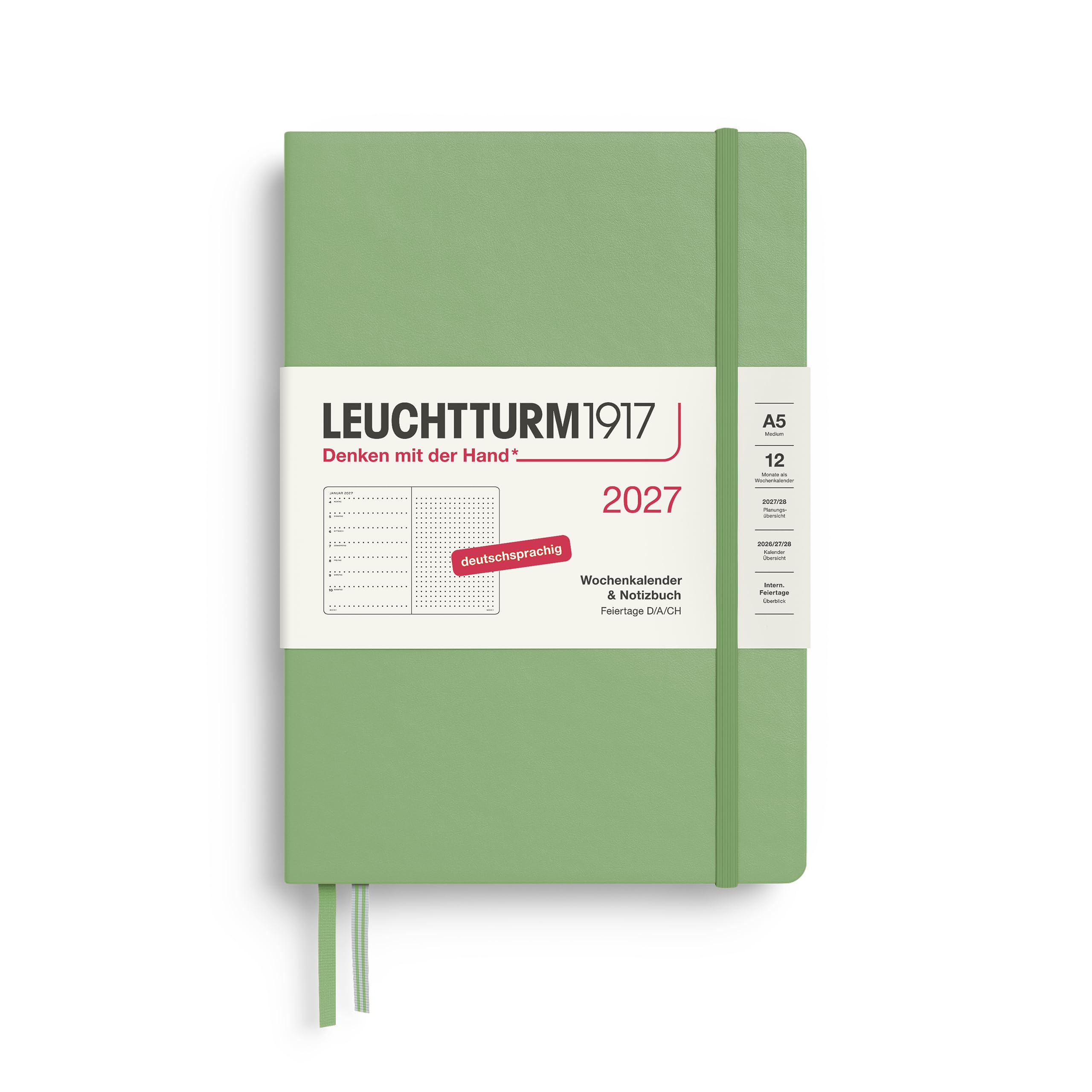 LEUCHTTURM1917 Weekly Calendar 2027 Dotted Medium (A5) with Notebook - Diary German, Sage, January-December 2027, Week to View Left + Note Page Right