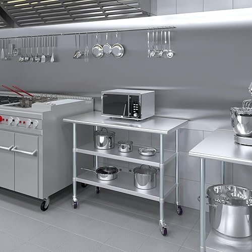 Miniatura 108 de AmGood Mesa de trabajo de acero inoxidable con 2 estantes y ruedas Mesa de trabajo de metal con ruedas