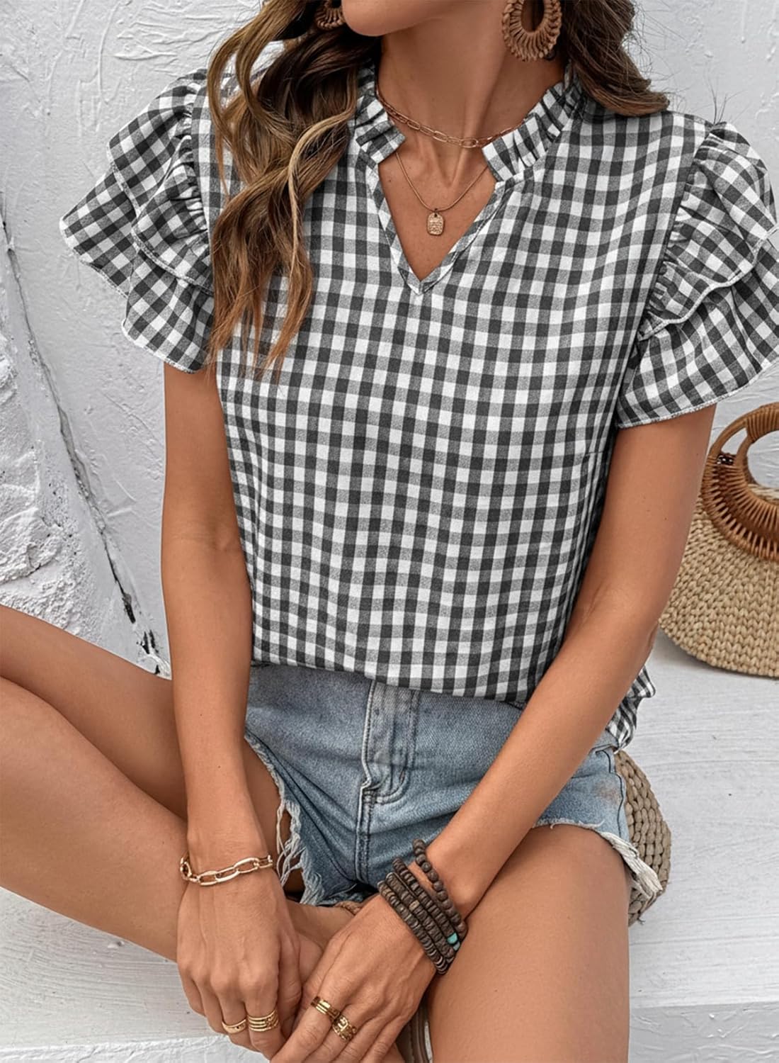 SHEWIN Womens Tops V Neck Ruffle Short Sleeve Gingham Shirts Blouses Cute Summer Tops for Women 2026 - Image 6