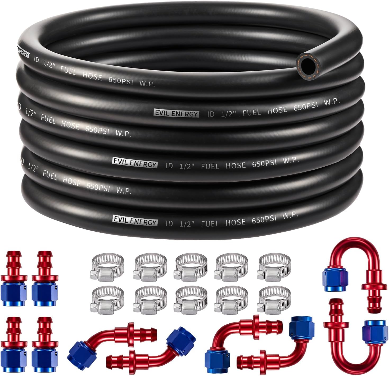 EVIL ENERGY 8AN 1/2 Fuel Line Kit 20FT, CPE Rubber 1/2 Fuel Hose with Push On Fittings and Hose Clamps 20PCS, Blue&Red