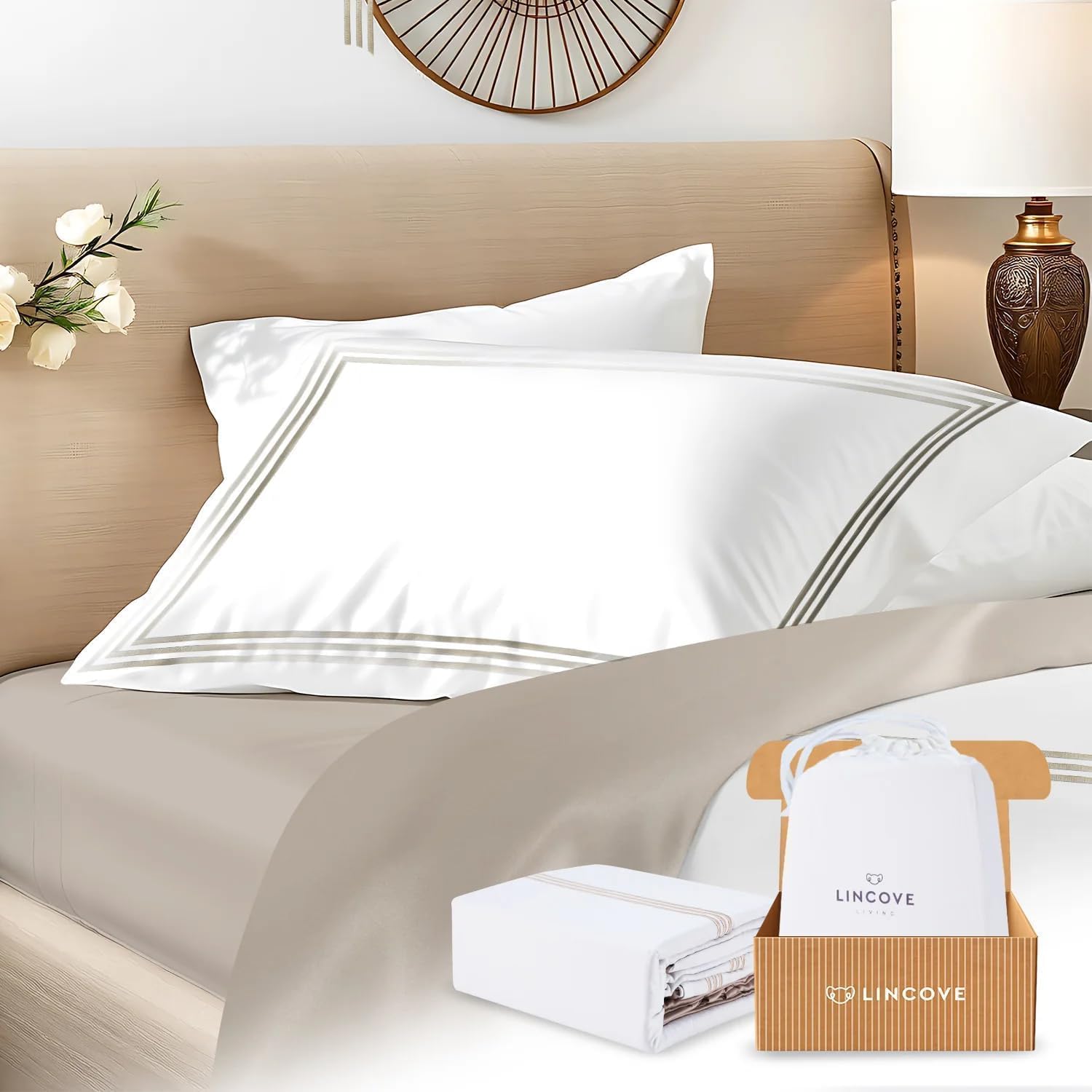 Lincove 100% Cotton Duvet Cover King Size - 400 Thread Count Soft White Duvet Cover with 2 Pillow Shams and 1 Fitted Sheet - Almeria Style Comforter Cover with Button Closure & Corner Ties -90" x 106"