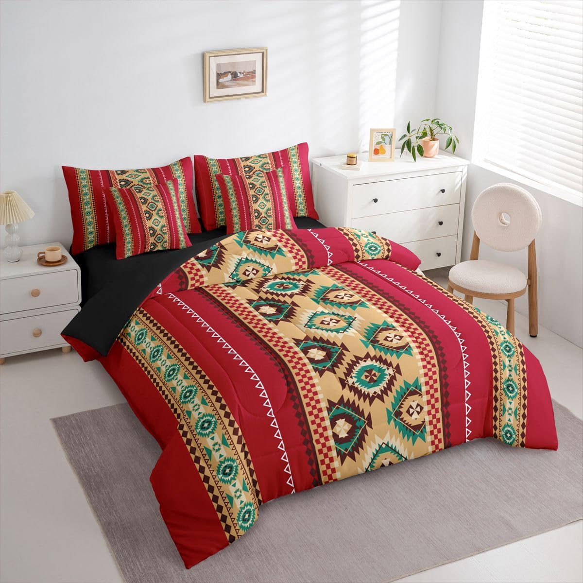 Feelyou Red Southwestern Aztec Queen Comforter Set with Sheets for Kids Boys Girls Western Tribal Aztec Native American 7 Pieces Bedding Set Boho Exotic Bed in a Bag Room Decor Soft Microfiber