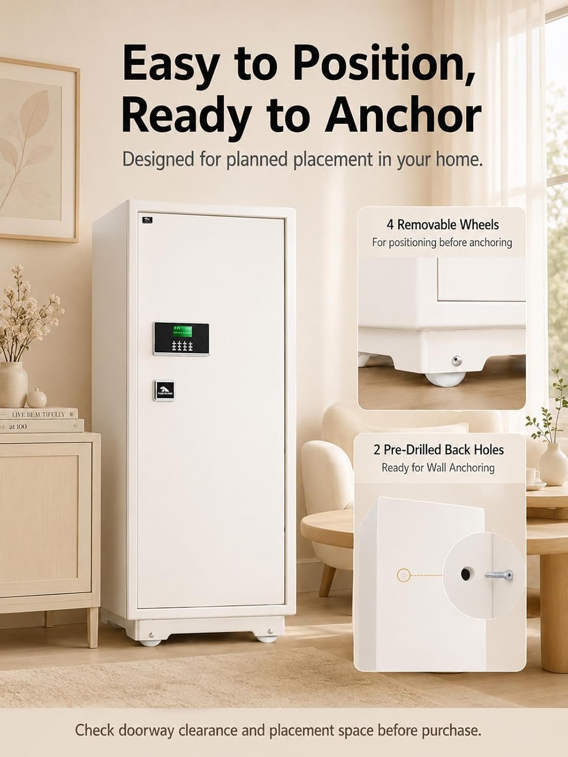 Image showing the TIGERKING safe with removable wheels and a close-up of the pre-drilled back holes for wall anchoring.