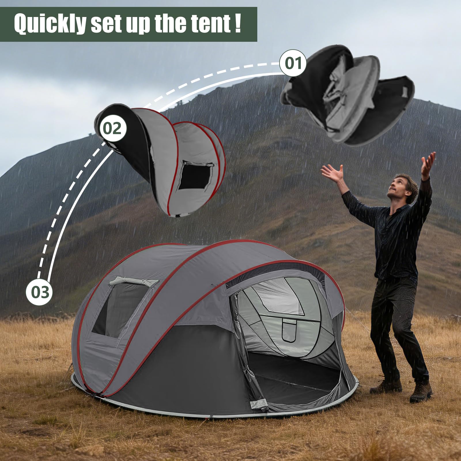 Camping Zelt, Pop Up Zelt 4-5 Personen, Automatisches Aufstellzelt in 3 Sekunden, Wurfzelte Wasserdicht Sonnenschutz, Familie Zelt, Tragbares Leichtes Kuppelzelt für Outdoor Camping