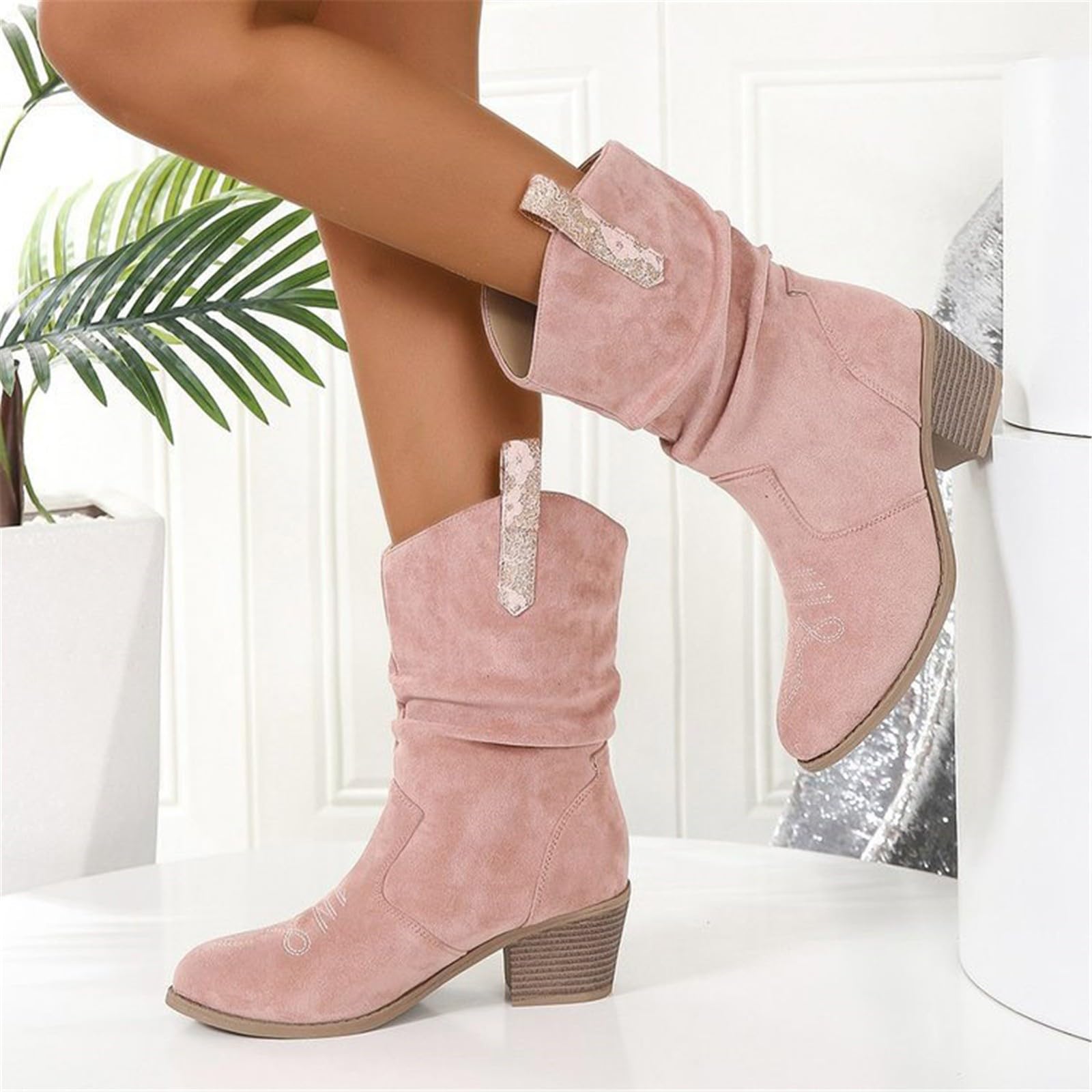 Stivali da cowboy da donna in pelle scamosciata, eleganti stivali da donna con tacco a blocco, stivali invernali, stivali da equitazione, cowgirl