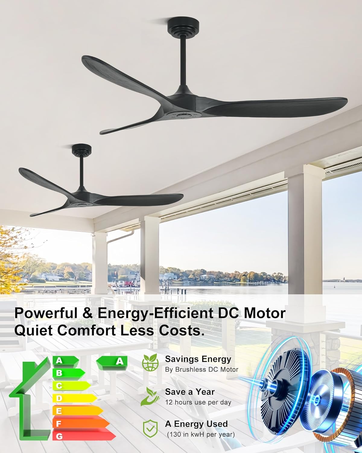 60" Wood Ceiling Fan no Light, Smart Ceiling Fans without Lights with Alexa Google App, Indoor Outdoor Ceiling Fan no Light for Bedroom Porch Modern Propeller 3 Blade High CFM Motor, Black