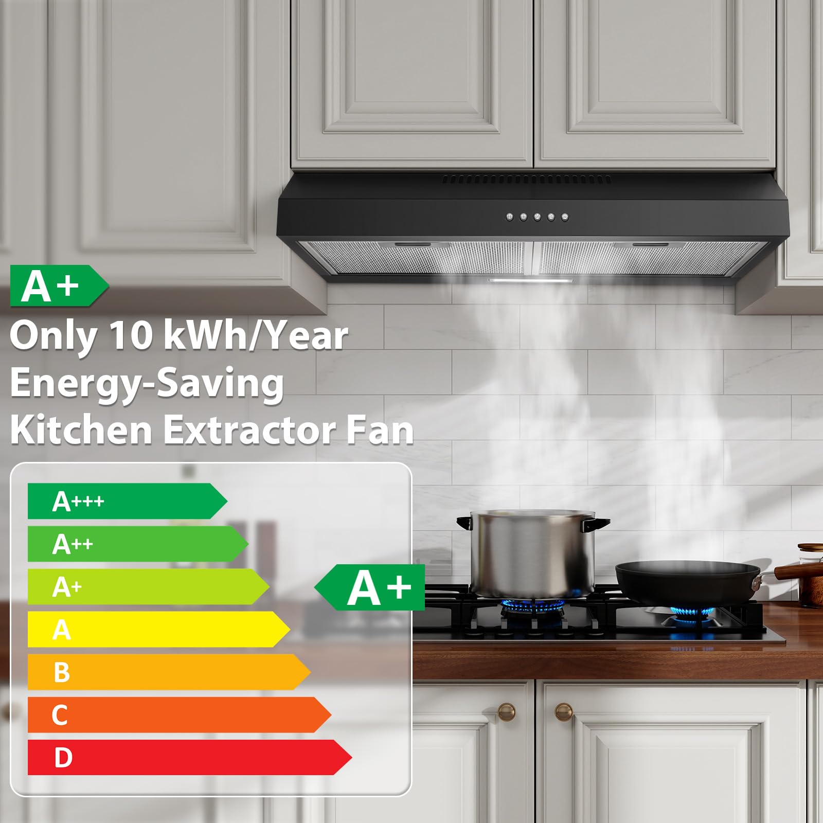 TopStrong Cappa Aspirante 60 cm Sottopensile, 250 m³/h Cappa Cucina Slim, 3 Velocità, Classe Energetica A+, LED, Ricircolo e Scarico, Nero