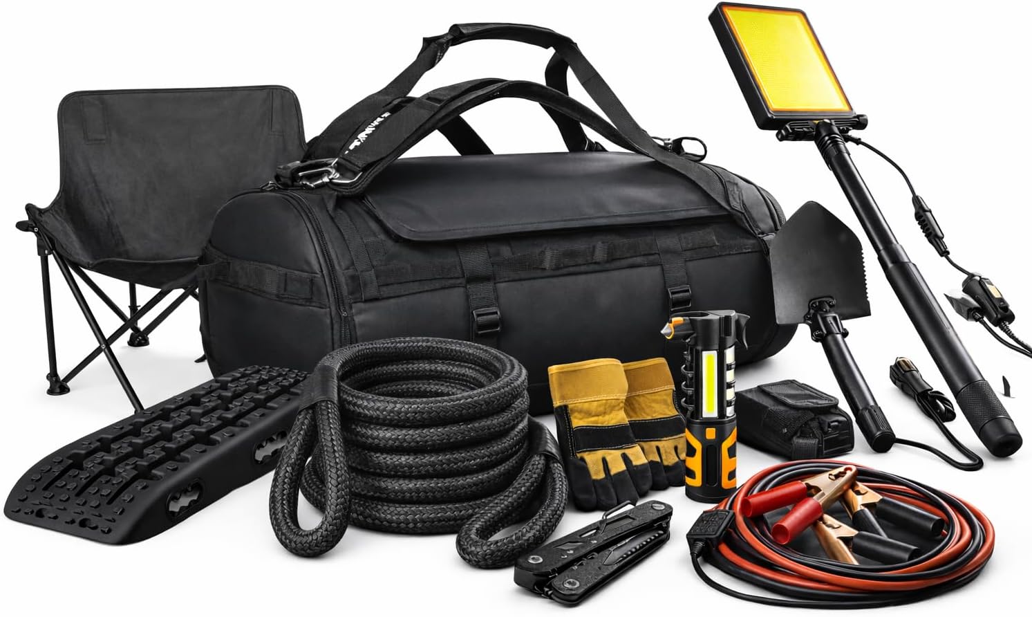 Off Road Emergency & Recovery Kit – 10 Piece 4x4 Car Survival Set with Jump Leads, Shovel, Tow Rope, Traction Mats, LED Work Light, Gloves, Camping Chair & Heavy Duty Storage Bag