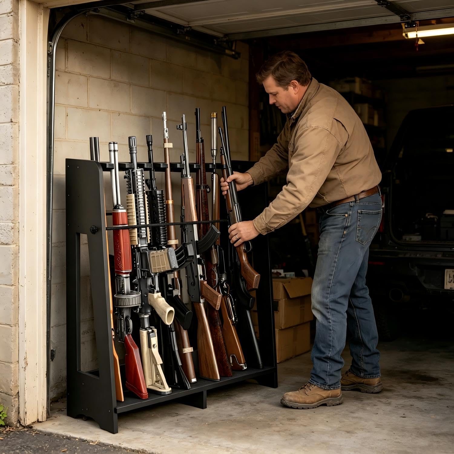 Bastidores para armas de interior – Estante de madera independiente para rifle, almacenamiento vertical para escopetas y soporte de exhibición con cuerda protectora, altura ajustable para