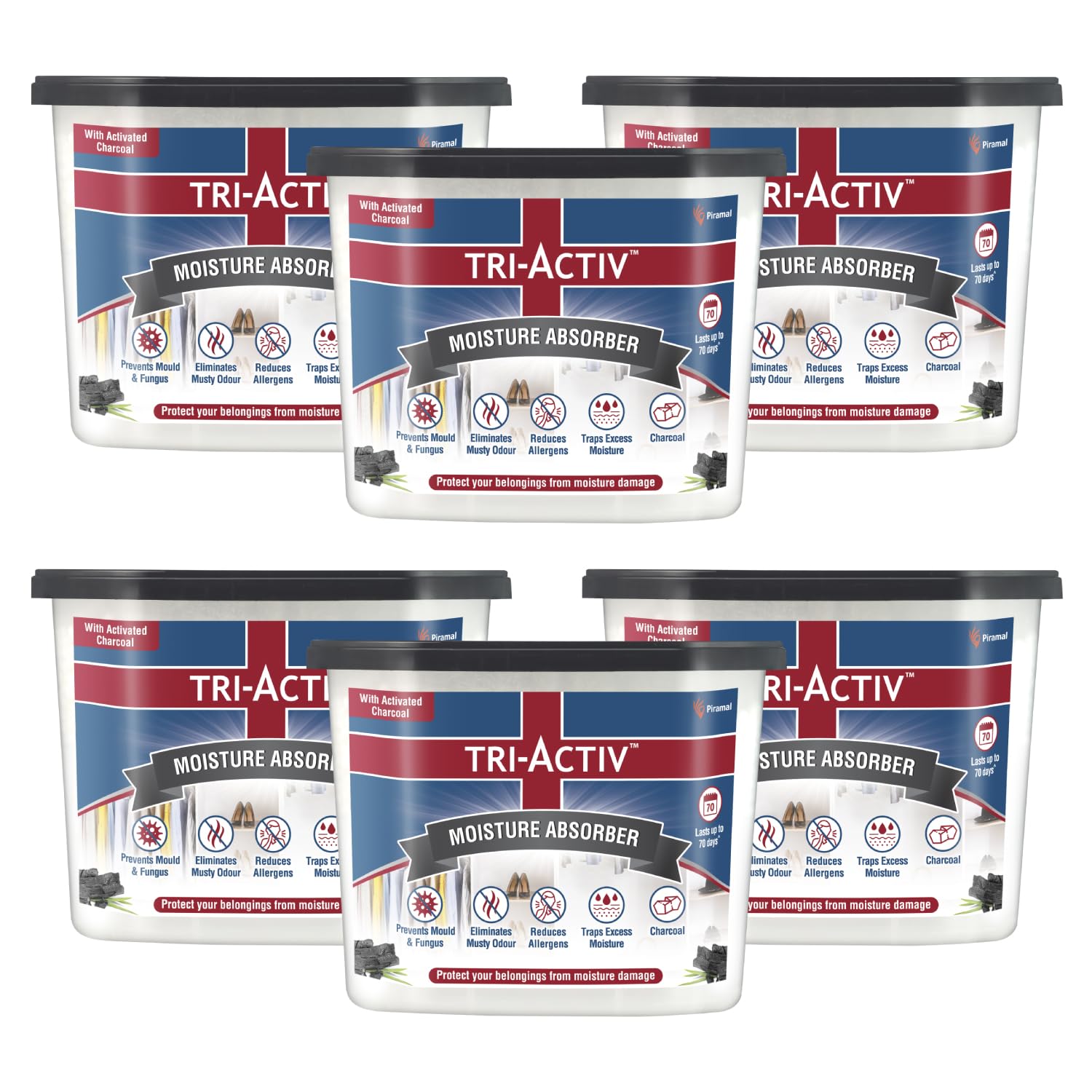 Tri-Activ Moisture Absorbers | Dehumidifier For Wardrobe, Closet, Shoe Rack | Absorption Capacity upto 600ml Each (Charcoal, Pack of 6)