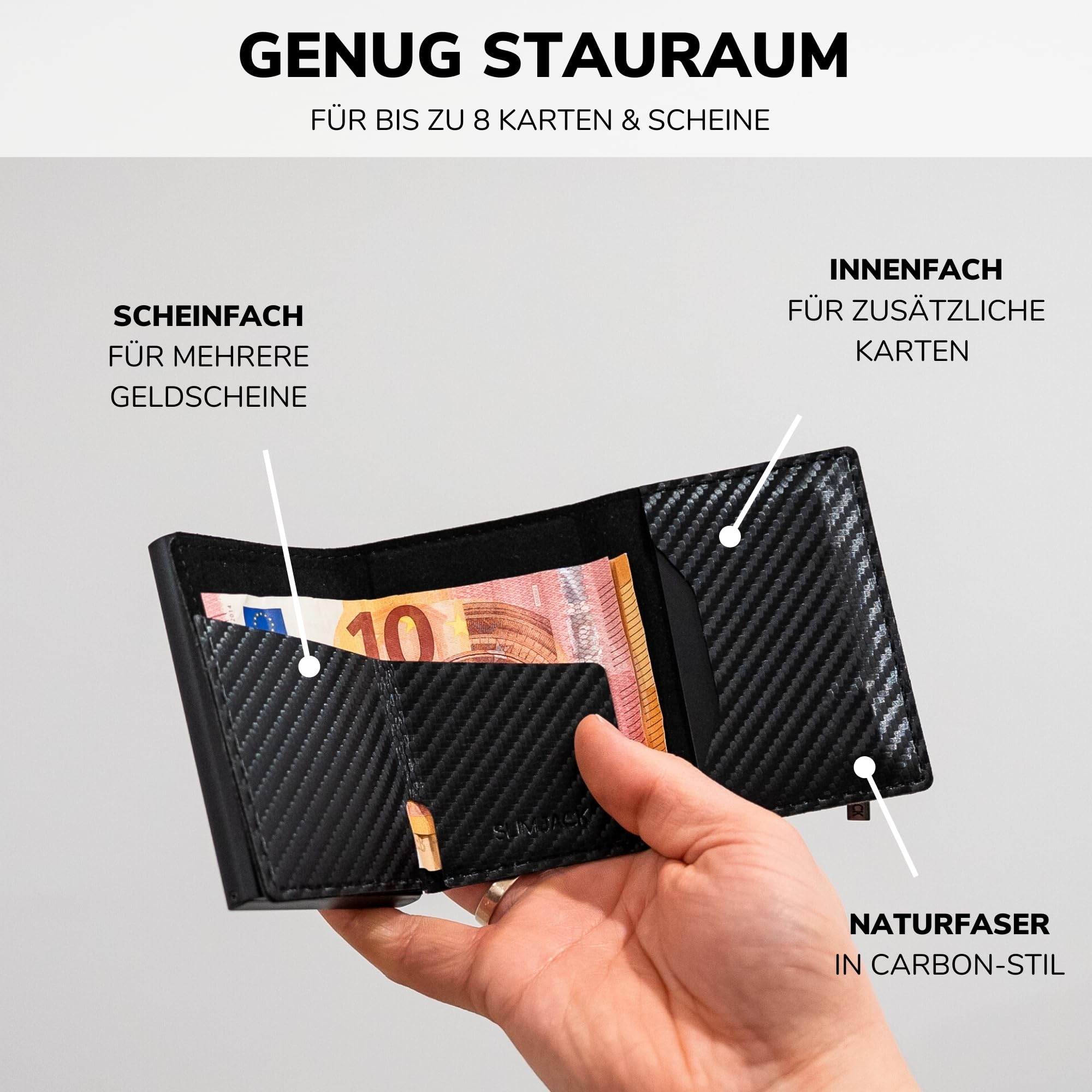 SLIMJACK 2-in-1 Wallet mit Münzfach - Magnetisches RFID Kartenetui & Geldbörse - Abnehmbares Slim-Wallet aus Aluminium - RFID-Schutz Portmonee - Smart Wallet für Karten & Münzen (Carbon)