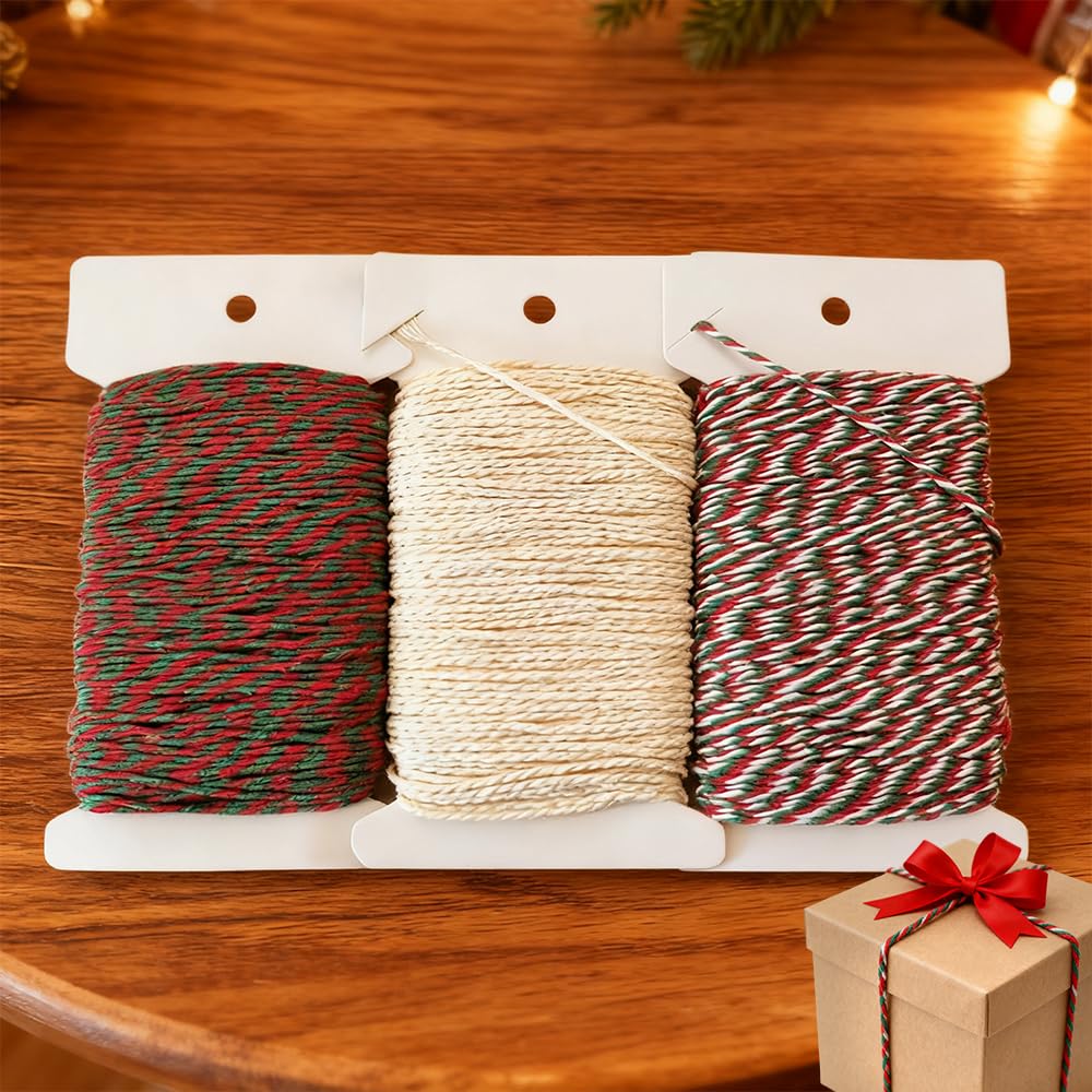 3 cuerdas de Navidad de 50 m, cuerda de algodón de 2 mm, rojo, verde y blanco, para decoración de manualidades, envoltura de regalos, decoración de Navidad (total 150 m).