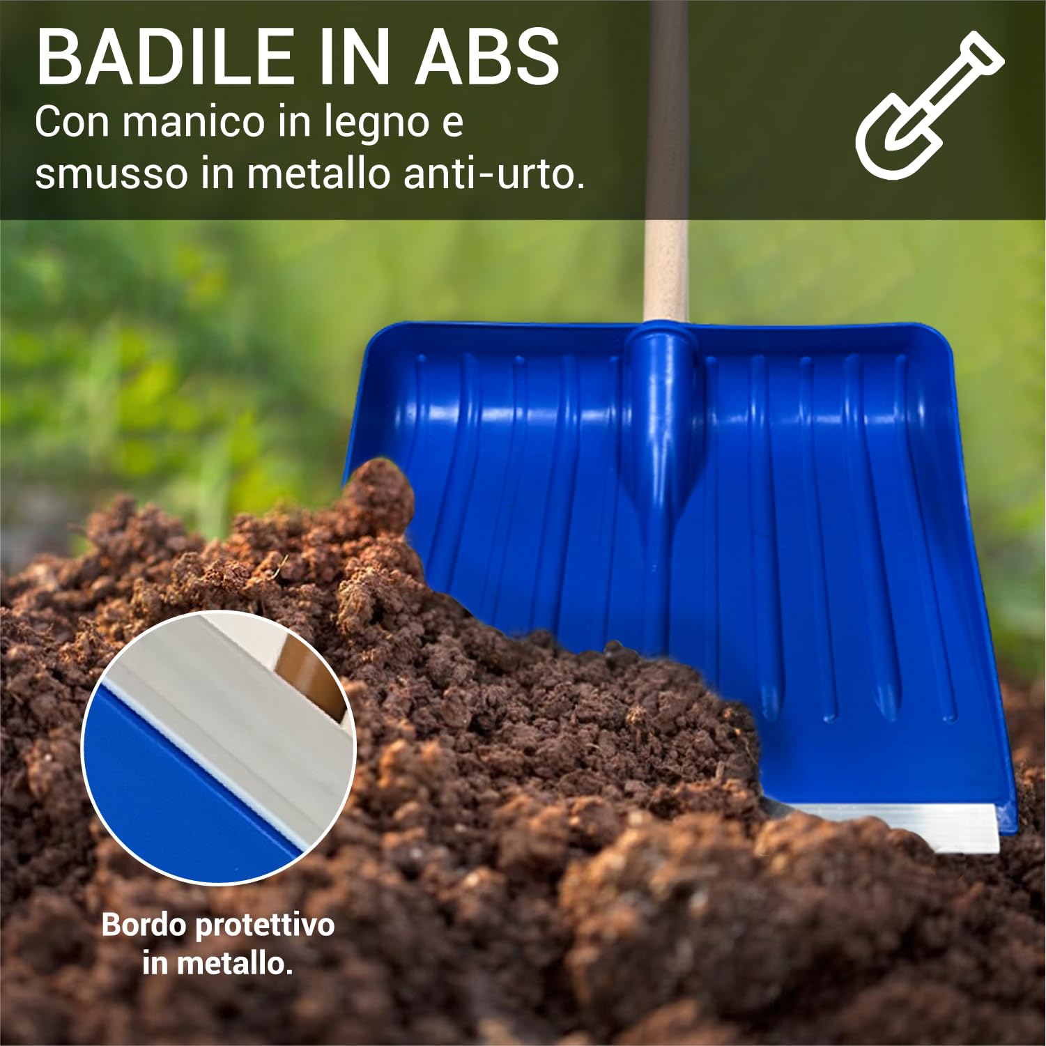 Crisalide® - Baie professionnelle en ABS, extrémités renforcées en aluminium anti-choc, 45 x 38 cm, poignée 135 cm, polyvalente pour usage agricole, jardinage et construction, pelle ergonomique