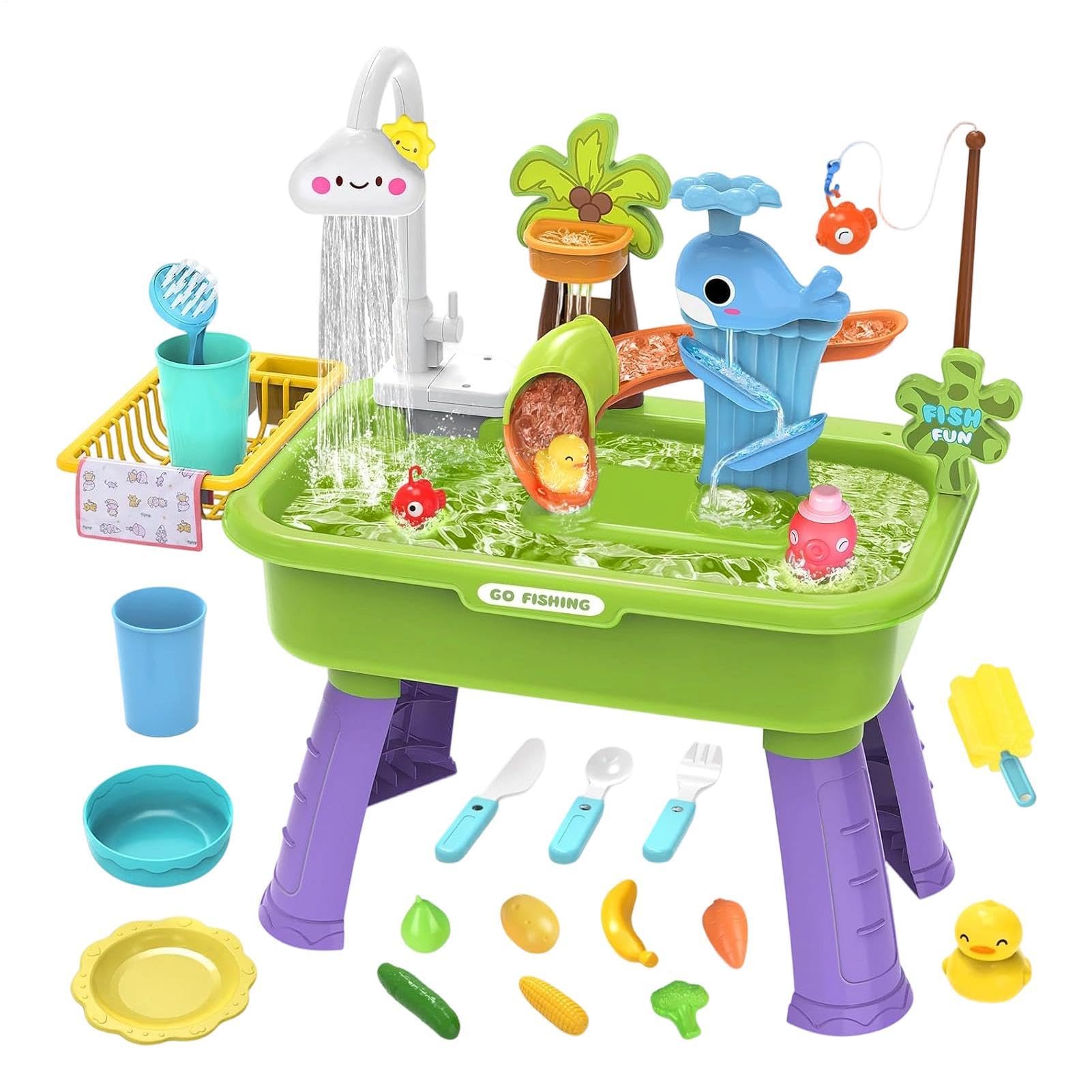 Kids Play Sink With Running Water, Electric Funny Wahle Activity Table Faucet Slide, Sensory 4 In 1 Kitchen Play Sink With Fishing Toy for Boys Girls Home Backyard Daycare Nursery Preschool