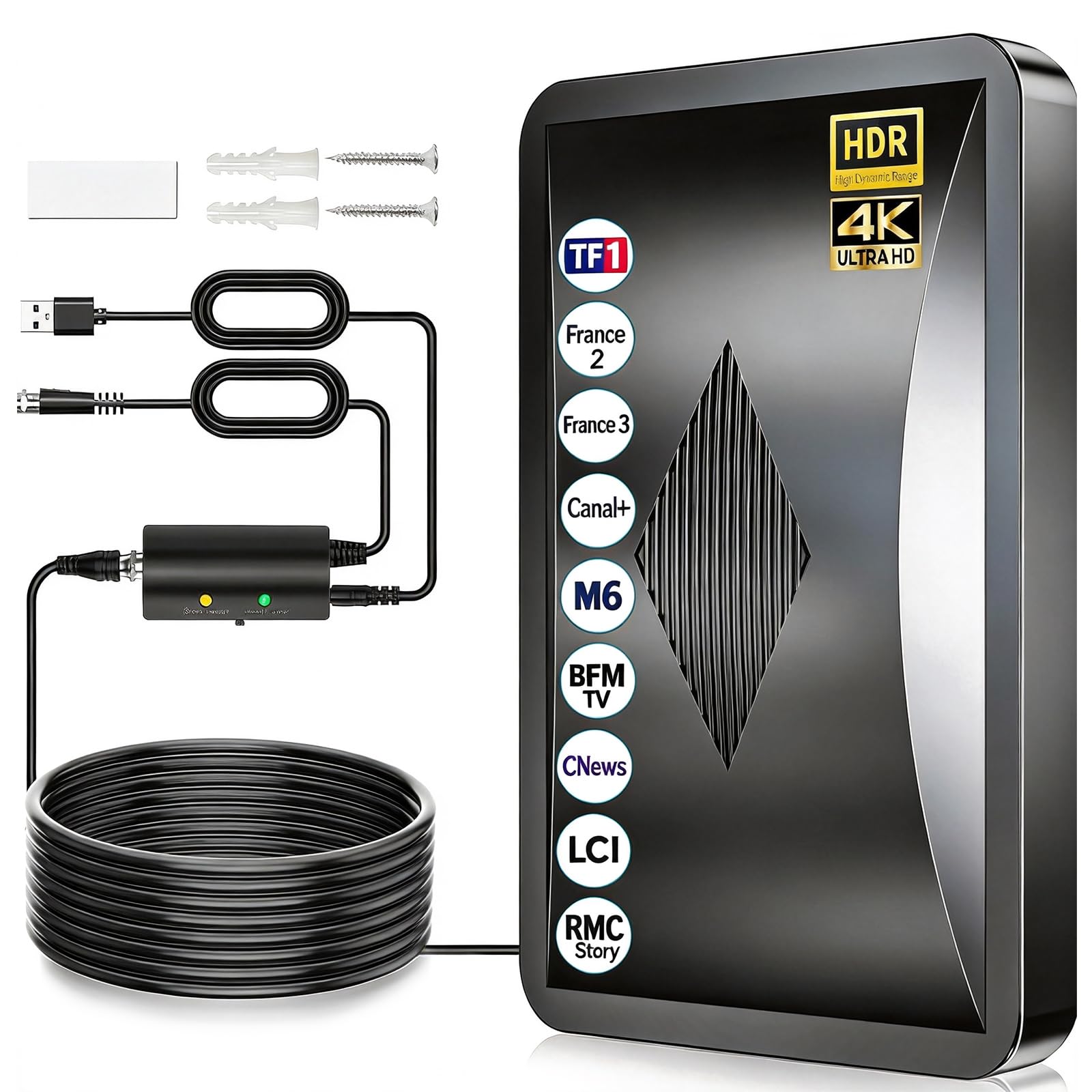 Antenne TV Intérieure 600KM+, Antenne TNT Intérieure avec Amplificateur de Signal Ultra Puissant, 360° Réception Chaînes Locales HD, Compatible Tous Les Tvs Supporte 8K, 4K, 1080P-Câble Coaxial 10M