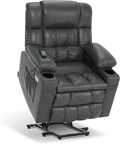 Miniatura 165 de MCombo Silla reclinable eléctrica de doble motor para personas mayores, silla elevadora plana con calor y masaje, portavasos, puertos USB, piel