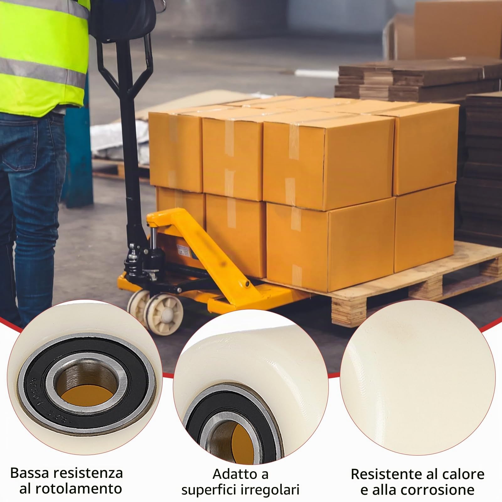 SWAWIS 4 pezzi Ruote Transpallet in Nylon 80 x 70mm Asse 20 mm con Cuscinetti a Sfera Ruota Carico Massimo 500 KG Ruote di Ricambio per Transpallet Manuale