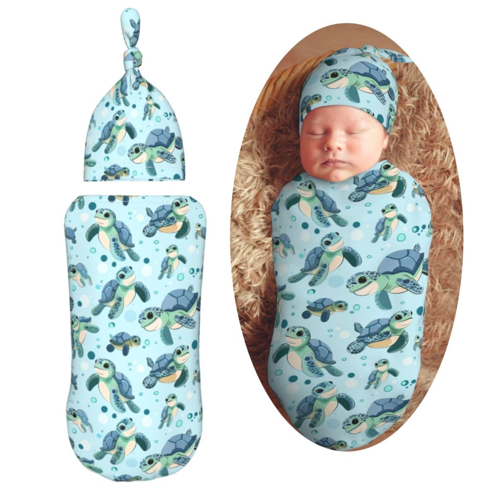 Baby Sea Turtles Newborn Swaddle Blankets Hat Sets Soft Baby Receiving Blanket Swaddle Sack for Baby Shower Infant Boy Girl Gift