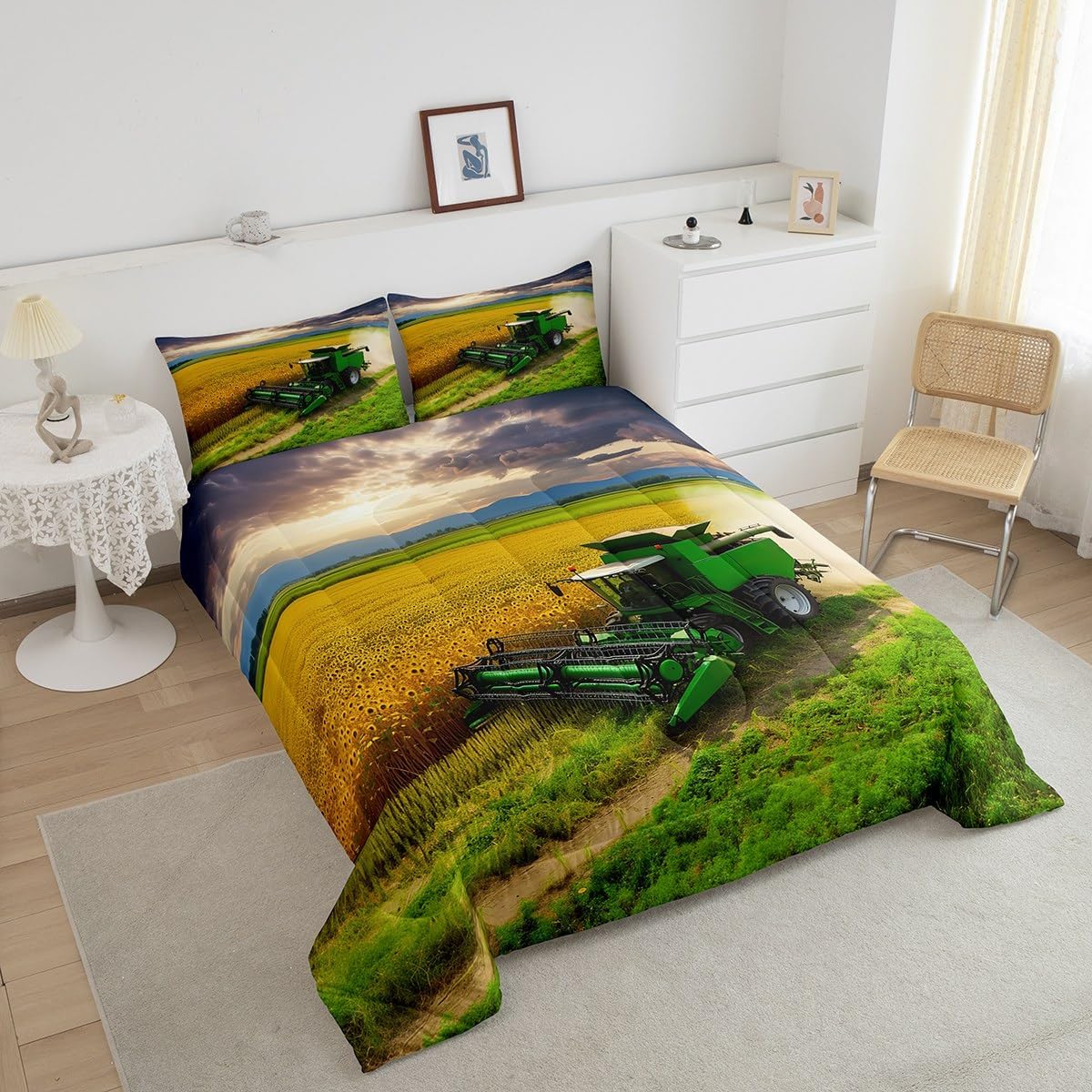 jejeloiu Tractor Bedding Set King Size FarmlComforter Set for Kids Boys Girls Decor Western Farm Tractor Comforter Vehicle Duvet Set Machinery Truck Quilt Boys