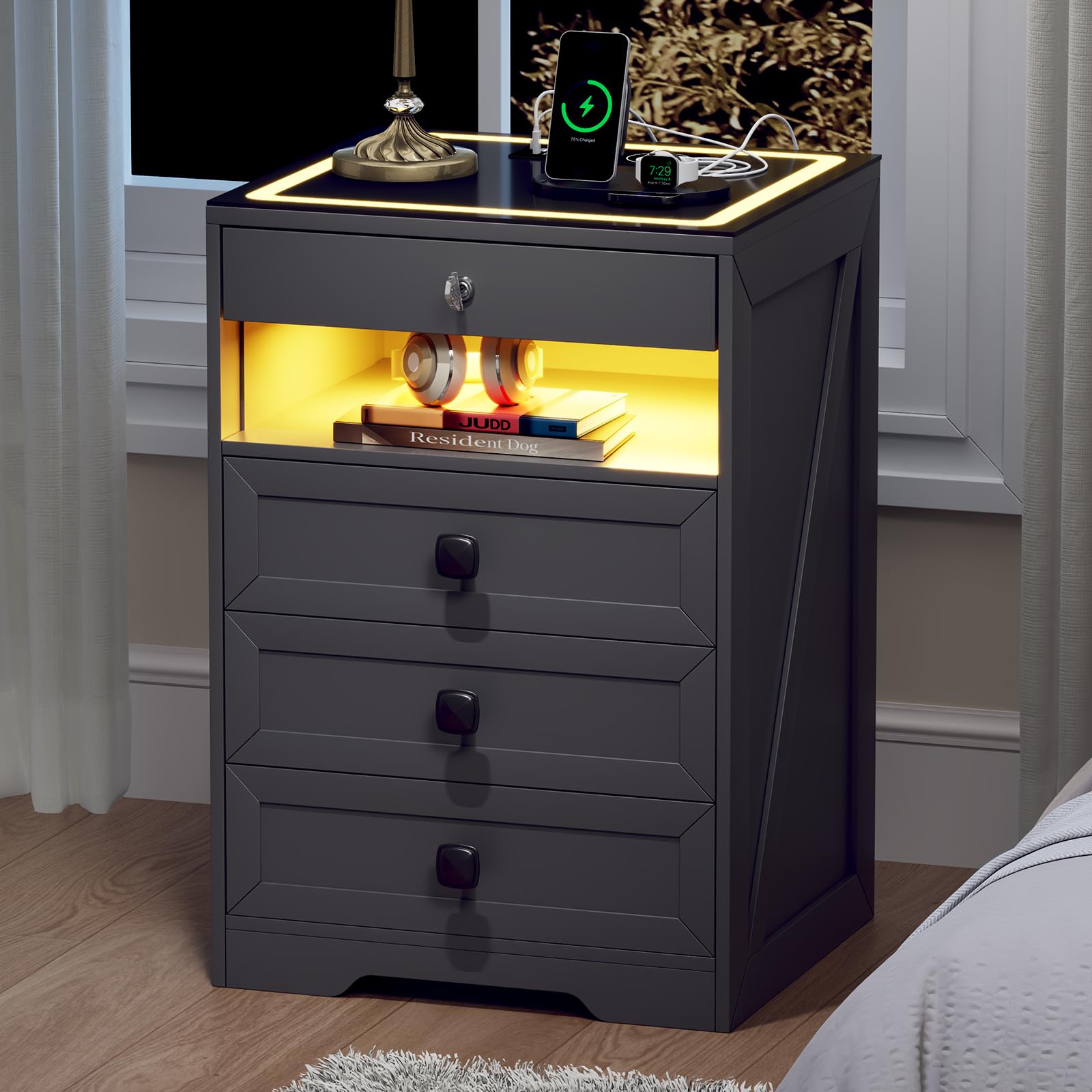 Gurexl Smart Nachttisch mit mit USB Ladefunktion & Kabelloses Laden,LED Nachtschrank mit Bewegungsmelder und Versteckte Schubladen,Intelligent Sideboard mit Glastischplatte für Schlafzimmer,Grau