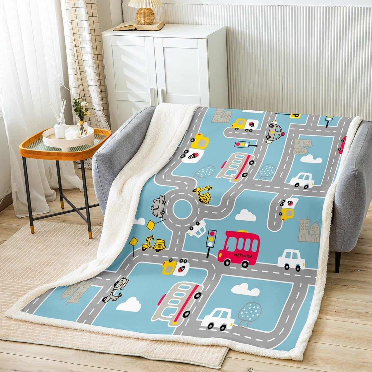 Feelyou Cartoon City Map Plush Blanket Car Race Track Print Sherpa Blanket Kids Boys Girls Downtown Rural Map Blue Fleece Throw Blanket Car Themed Fuzzy Blanket for Sofa Bed Couch,Twin 60x80 Inches