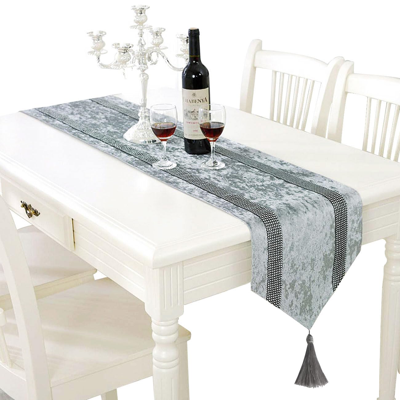 Jiino Gray Table Runner Rhinestone 13x84 Grey Christmas Runners Decoration for Dinner Table