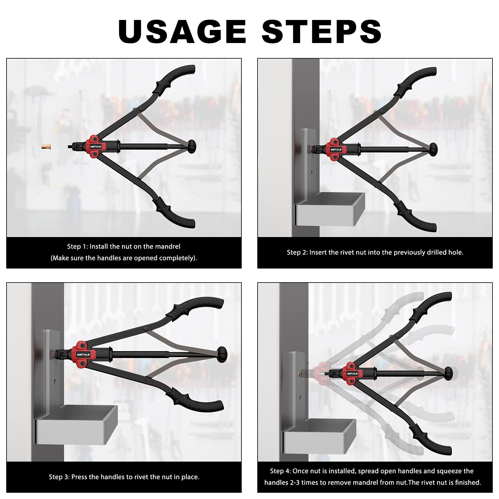 WETOLS 17" Rivet Nut Tool, Hand Rivet Tool Kit with 11 Metric & SAE Mandrels M3 M4 M5 M6 M8 M10 M12, 10-24, 1/4-20, 5/16-18, 3/8-16, 110pcs Rivnuts, Sturdy Case Packed, Auto Release Nut Design, WE-896