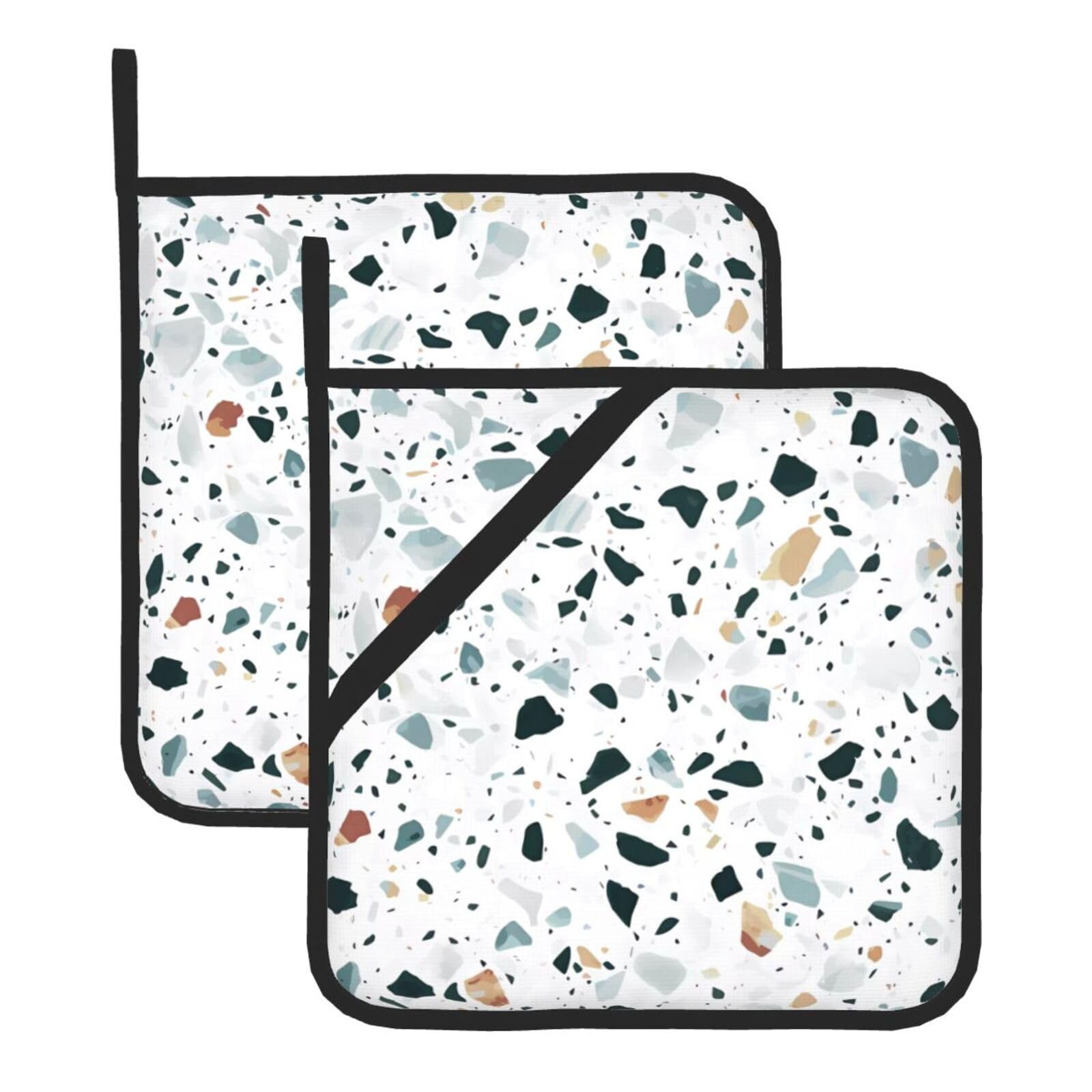 HJFCZH Terrazzo Marble Pastel Prints Square Hot Pads for Kitchen - Waterproof Heat Resistant Potholders, Thick Trivet Covers with Hanging Loops, Oven & Grill Dish Protectors (2-Pack)