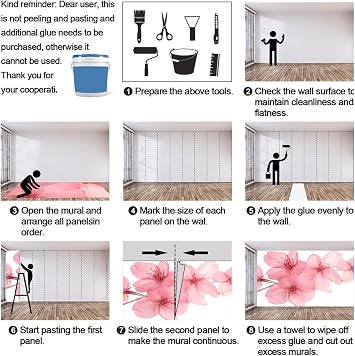 Pink Peach Blossom 3D Wall Mural, Simple Flowers Modern 3D Wallpaper, Floral Plants Panoramic Accent Wallpaper for Living Room Bedroom Hallway Entryway (Non-self-Adhesive)