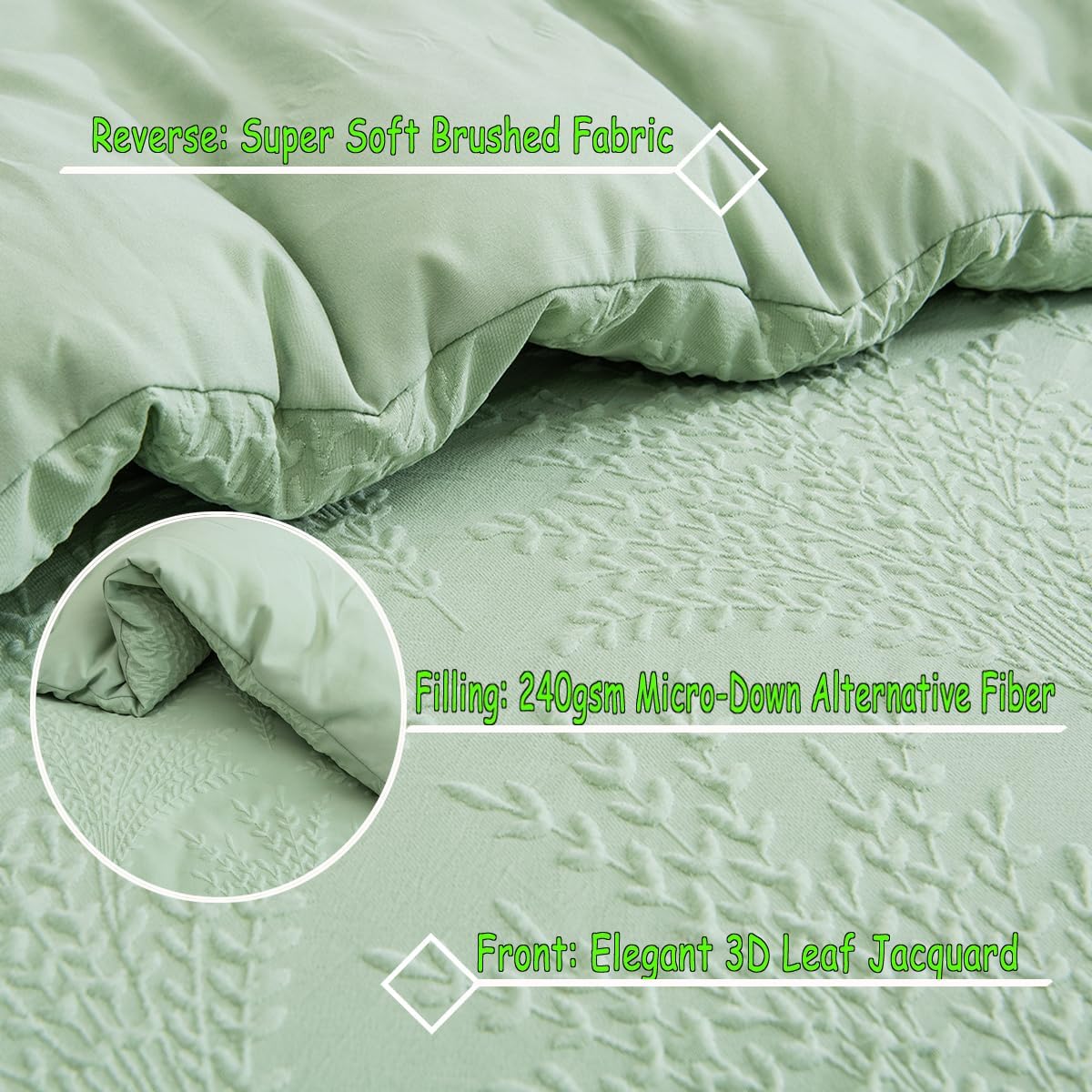 Sage Green Jacquard Comforter Set Queen Leaf Comforter Boho Bedding Set 3 PCS Soft All-Season Luxury Bedding(Sage Green,Queen) - Image 4