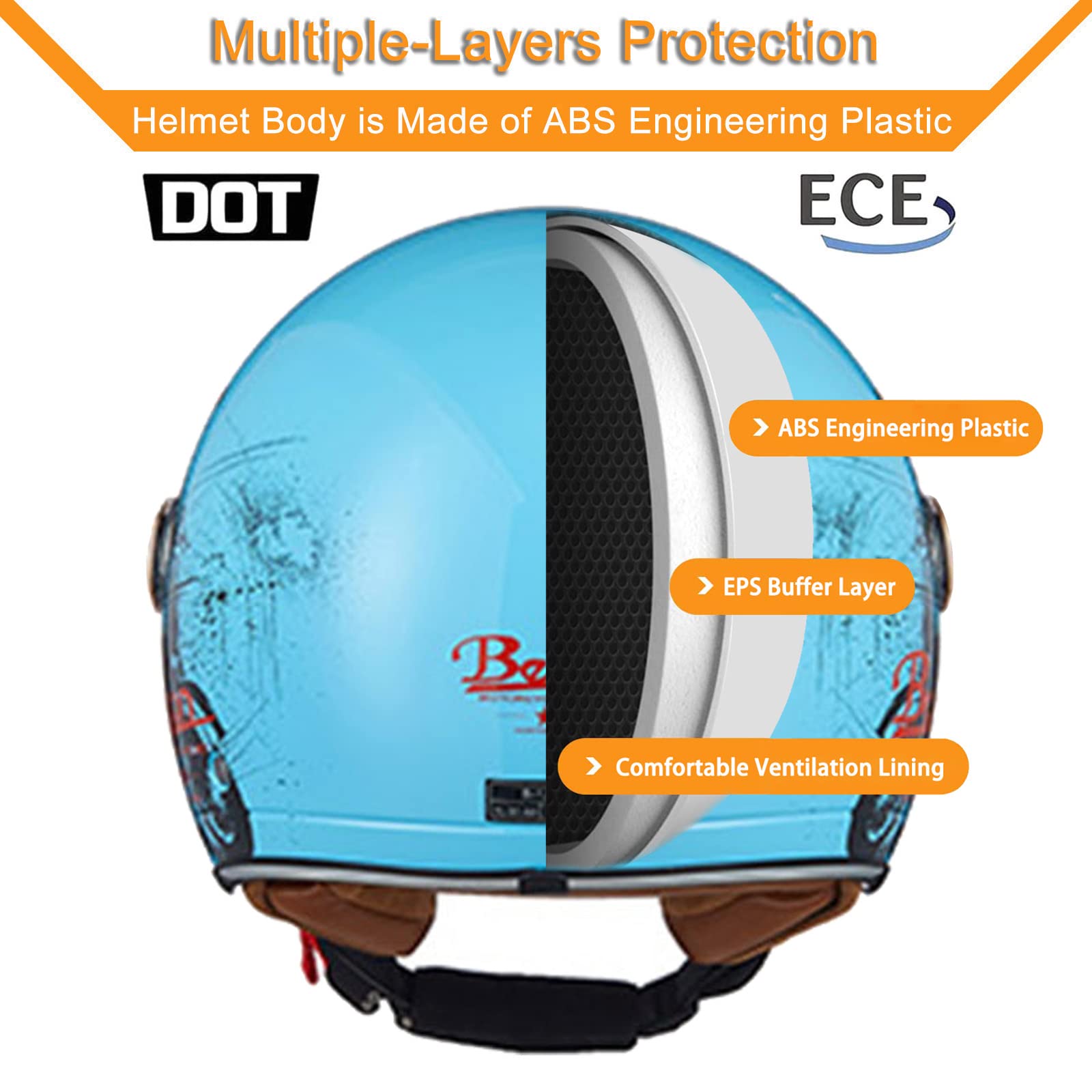 Öffnen 3/4 Motorradhelm, Retro Jethelm mit Doppelvisier, ECE 22-05 Zertifizierung Motorrad Halbhelm Herren Damen Vintage Schutzhelm für Moped Scooter Roller Cruiser Halbschalenhelm (55-61cm)