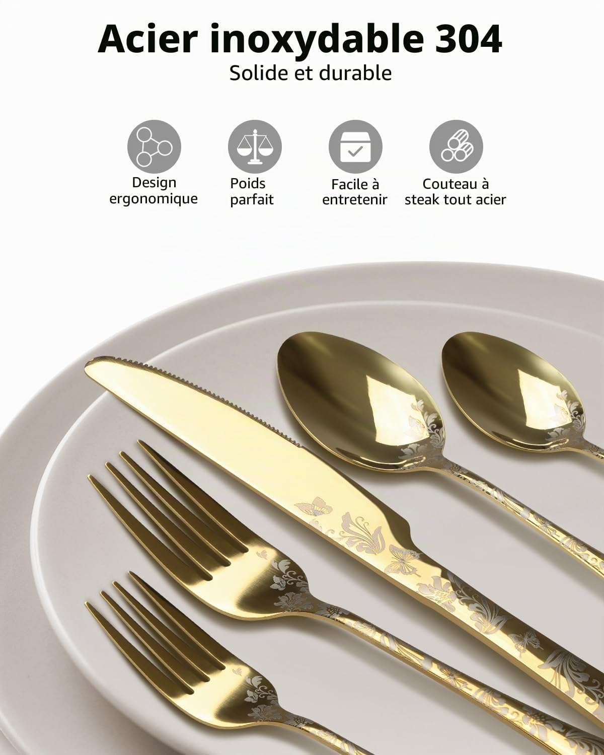 Aoresac Ensemble de Couverts en Acier Inoxydable pour 4 Personnes, Or2 | Couverts de Table 20 pièces y Compris Couteau Fourchette Cuillères pour Cuisine Restaurant Fête avec Motif Floral
