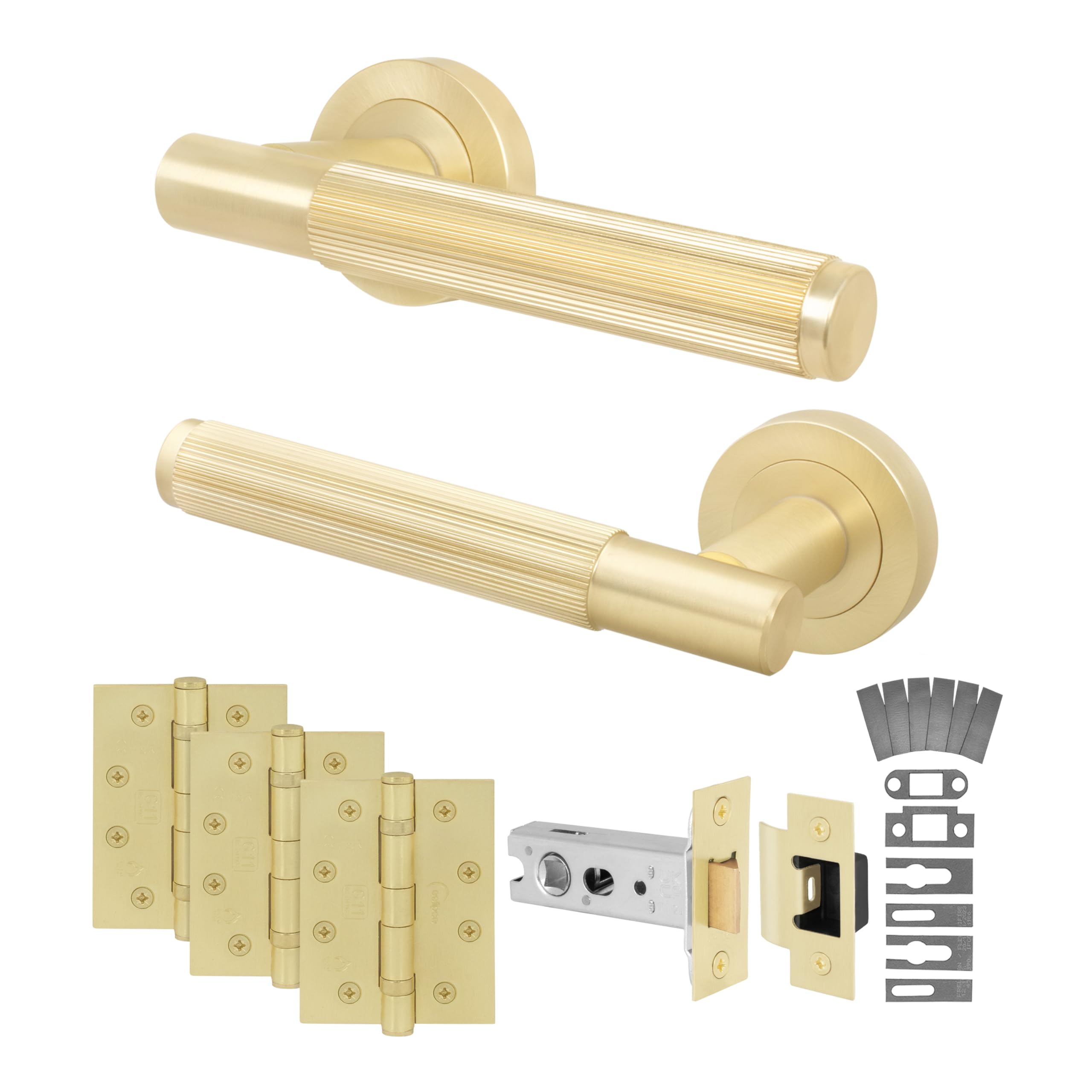 EAI Brass Fire Door Handle Latch Set, Satin Brass Internal Fire Rated Door Handle with 76mm Latch and 102mm Hinges, Oruro Range 1 Pack
