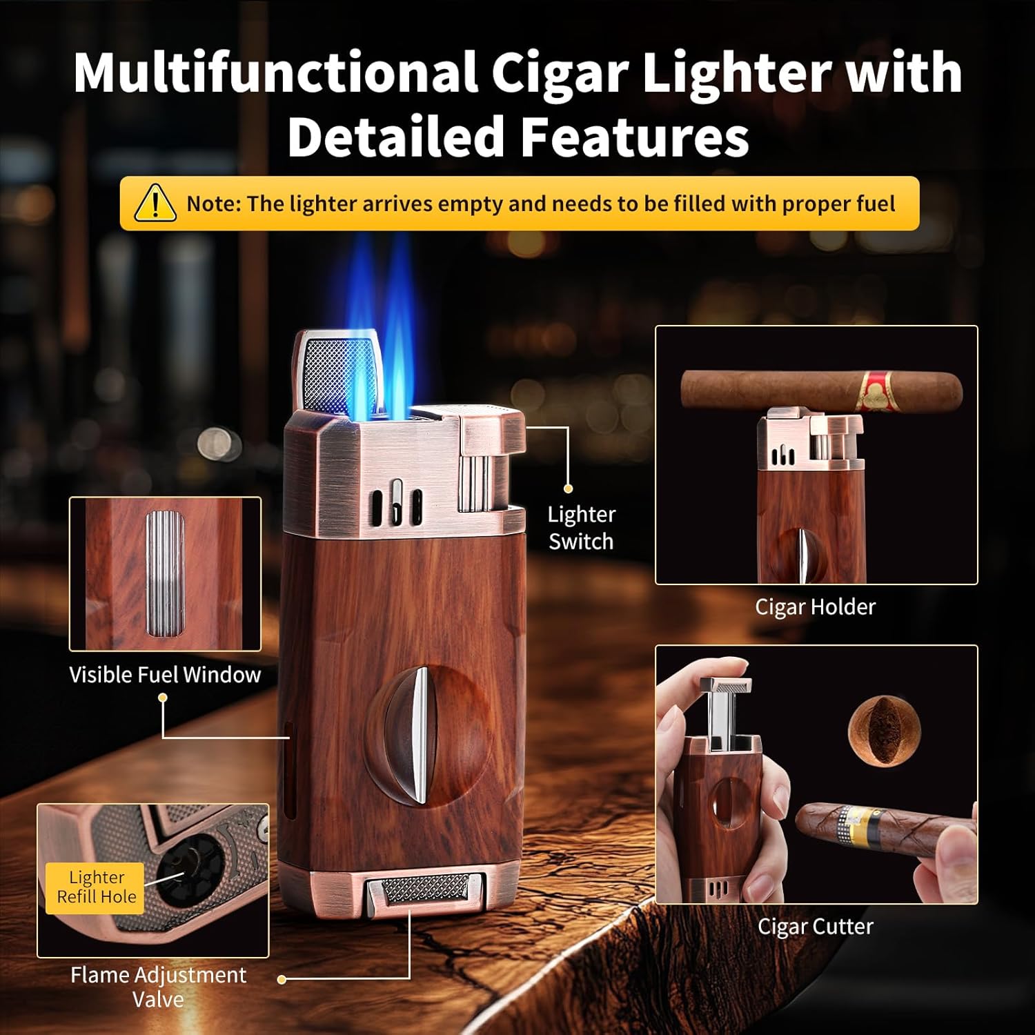 Travel Cigar Humidor Case, Cedar Wood Lined Leather Box w/ 3-in-1 Lighter-Built-in V Cutter/Holder, Humidifier, Hygrometer, Accessories Pocket, Portable 8 Cigars Storage, Gift for Men