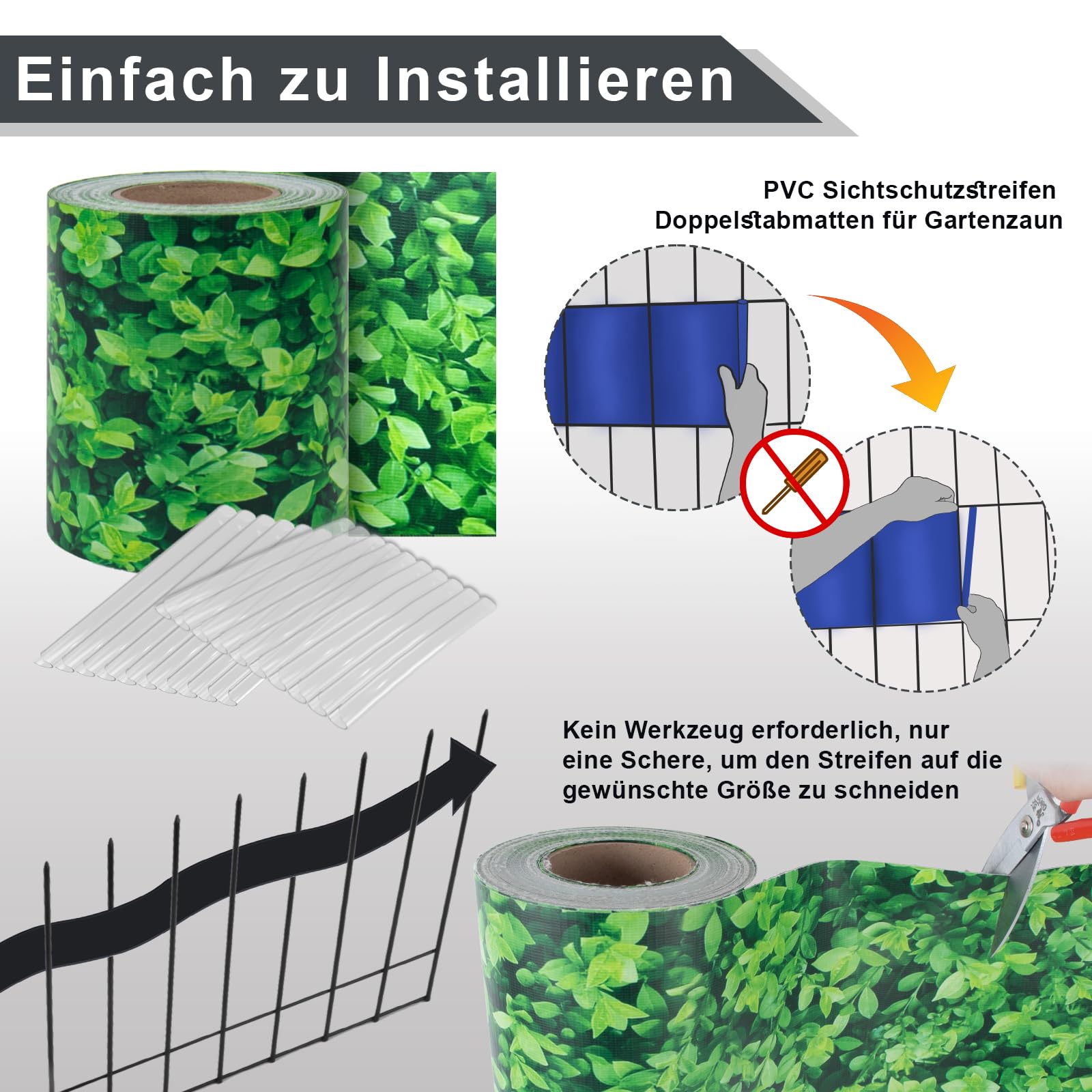 Sunnylaxx PVC Sichtschutzstreifen 35m x 19cm, 450g/m² inkl. 20 Clips, Buchsbaum Zaun Sichtschutz, Gartenzaun, Stabmattenzaun, Zaunfolie, Doppelstabmatten Zaun
