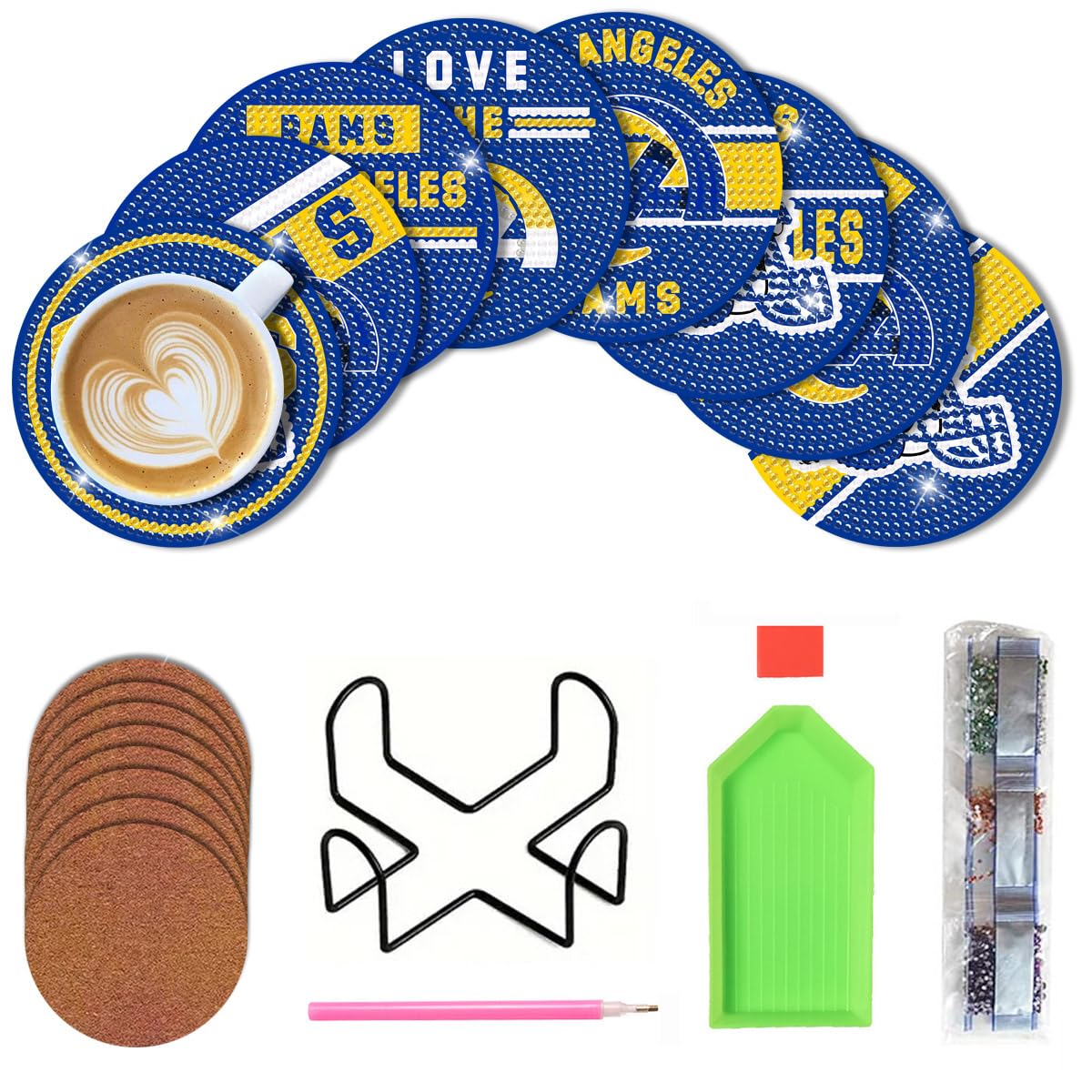 Bartogro 8 Pcs Diamond Painting Coaster Kits, DIY Football Diamond Art Coasters with Holder for Los Angeles Adults Diamond Art Crafts Supplies