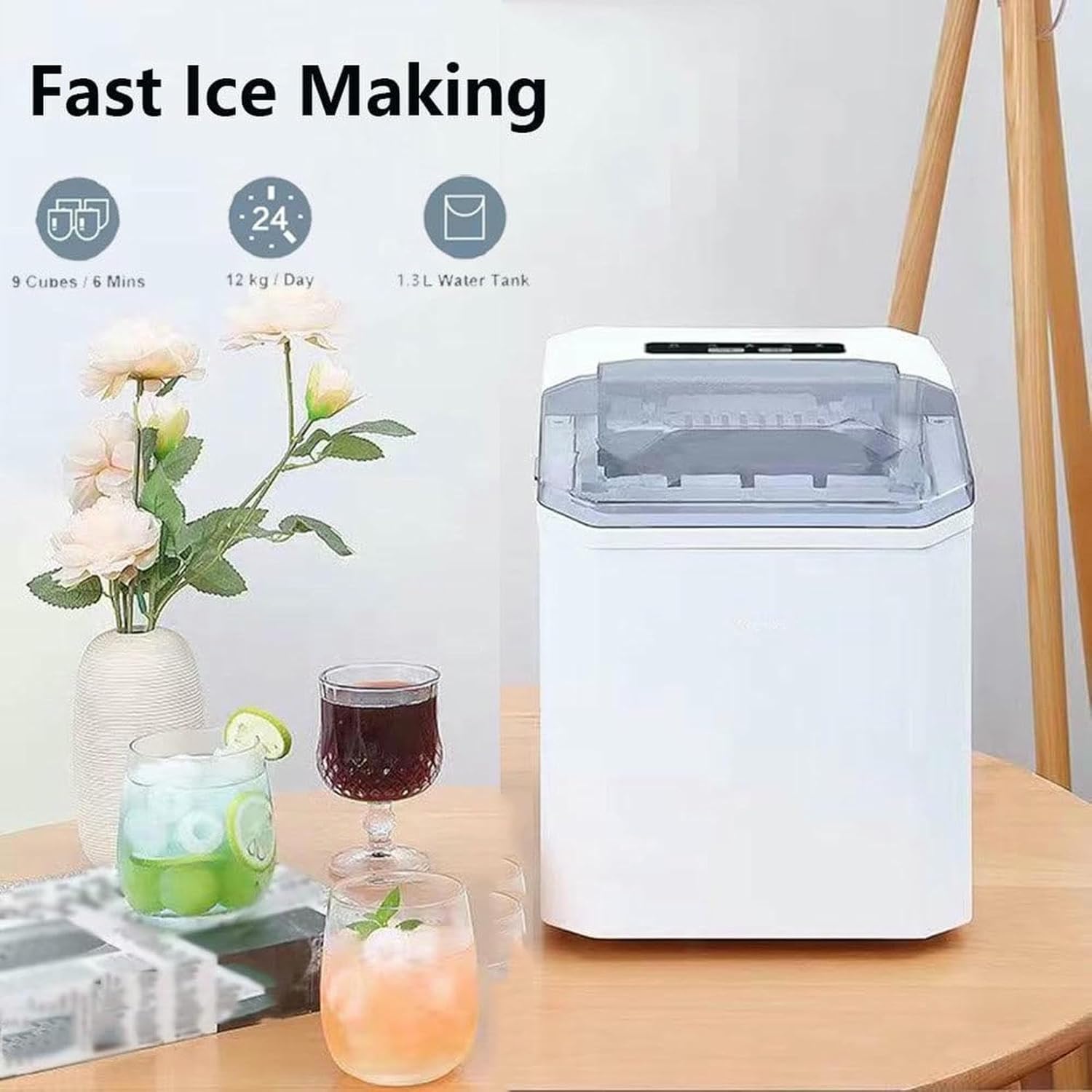 Ice Maker Countertop, Portable Ice Machine with Basket and Scoop,26 Lbs/24h,9 Ice Cubes Ready in 7 Mins, 2 Sizes of Bullet Ice for Home, Kitchen,Camping,Rv