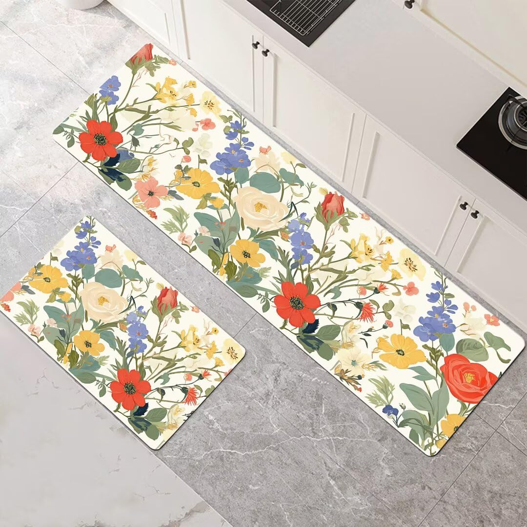 Alfombra cocina lavable de 2 piezas, alfombras antideslizantes grandes de secado rápido Flower