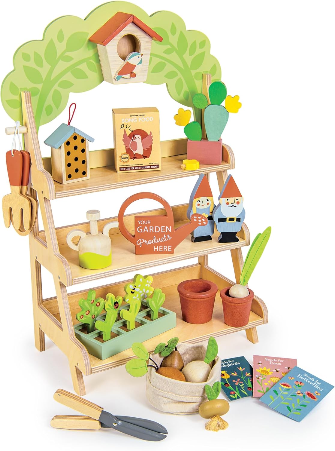 Tender Leaf Toys - Garden Centre - Wood Pretend Play Gardening Set Including Tools, Bird House, Gnomes and Accessories - Encourages Imaginative Play, Improves Language and Fine Motor Skills - Age 3+