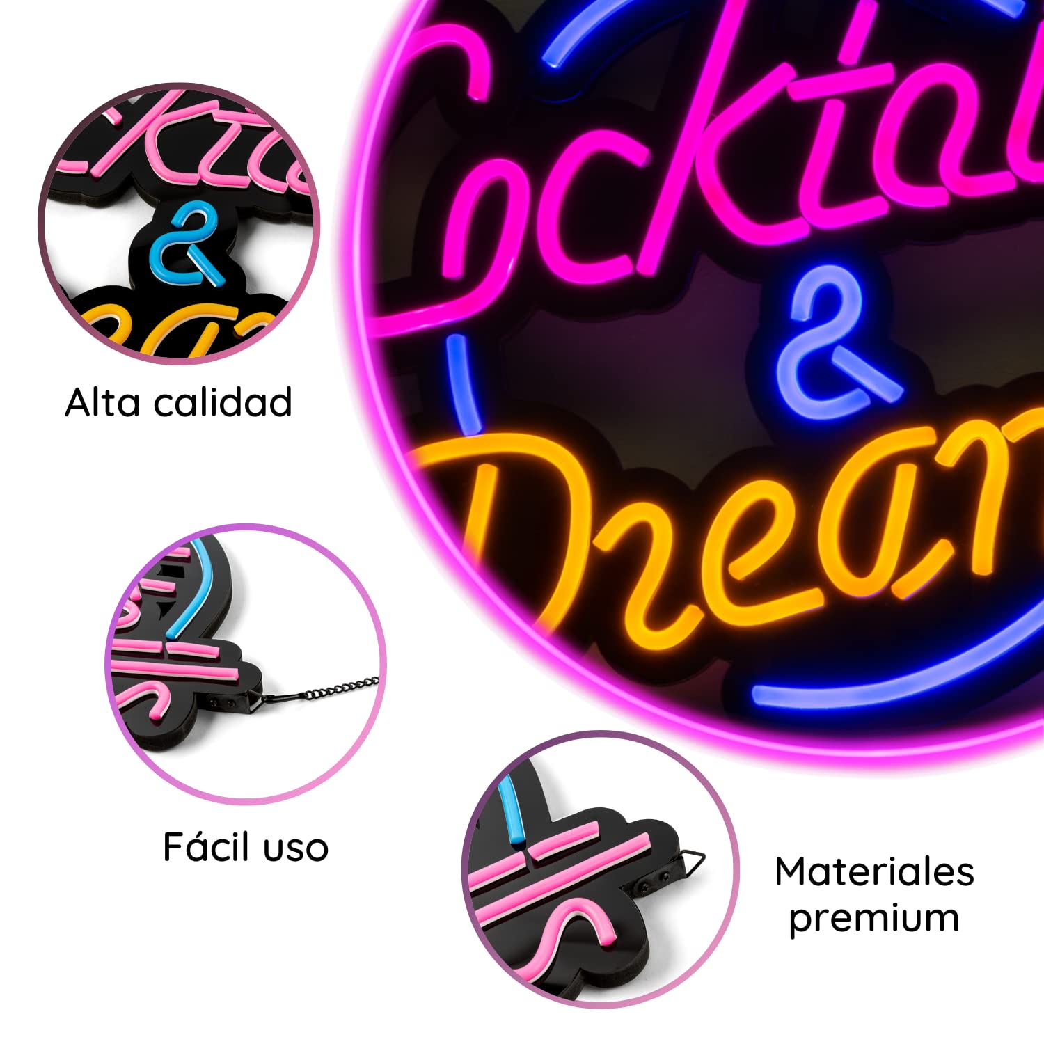 Cocktails and Dreams - Luces Neón LED Bar o Pub Decorar Pared y Barra, Letrero Luminoso LED Decoración Cervecería Mojito, Cartel Luz LED Bar Restaurante. Incluye mando a distancia y Adaptador